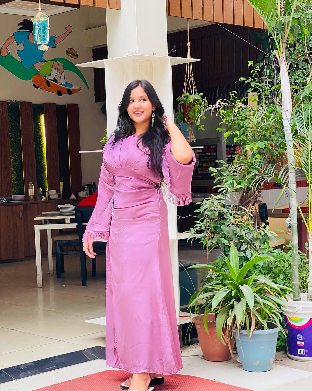 Amaya Lilac Satin Feel Crepe Maxi Dress With Ruched Body