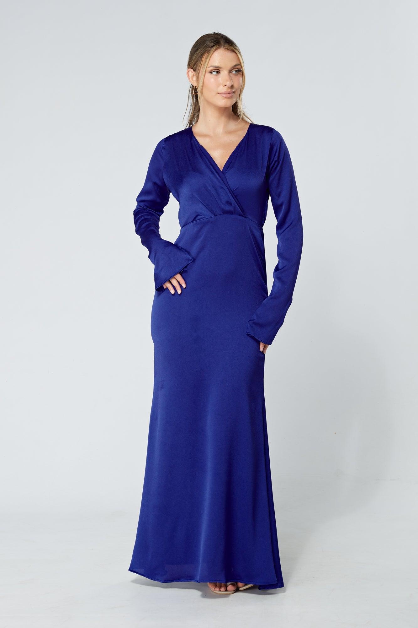 Alessandra Cobalt Blue Satin-Feel Crepe Maxi Dress - TAHLIRA