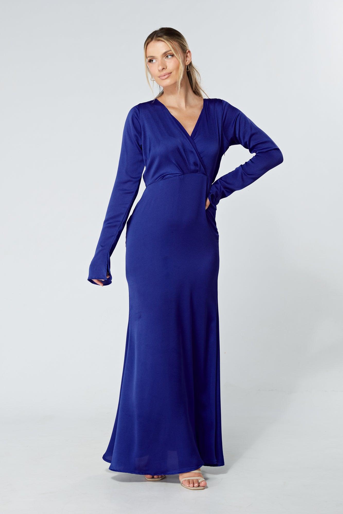 Alessandra Cobalt Blue Satin-Feel Crepe Maxi Dress - TAHLIRA