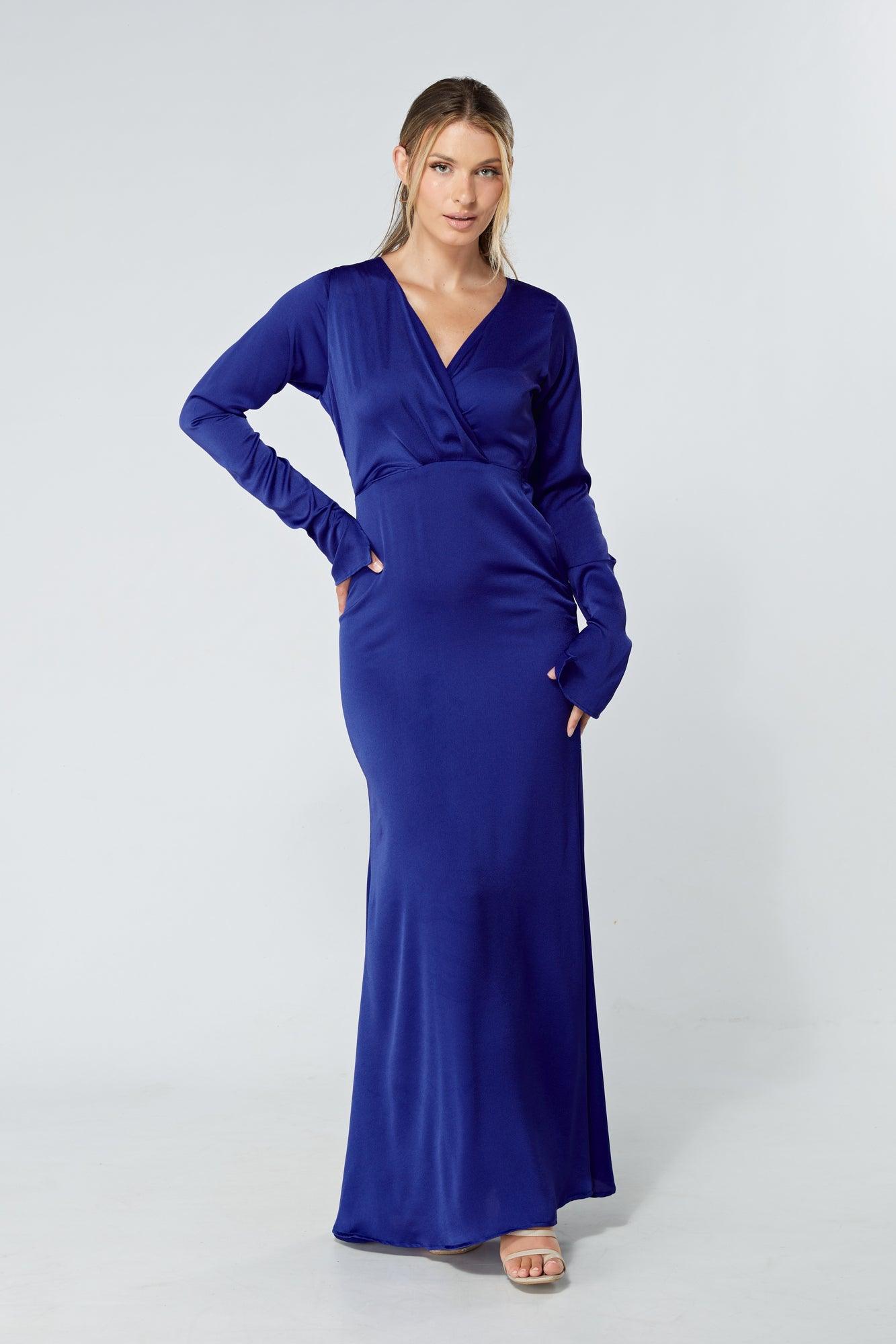 Alessandra Cobalt Blue Satin-Feel Crepe Maxi Dress - TAHLIRA