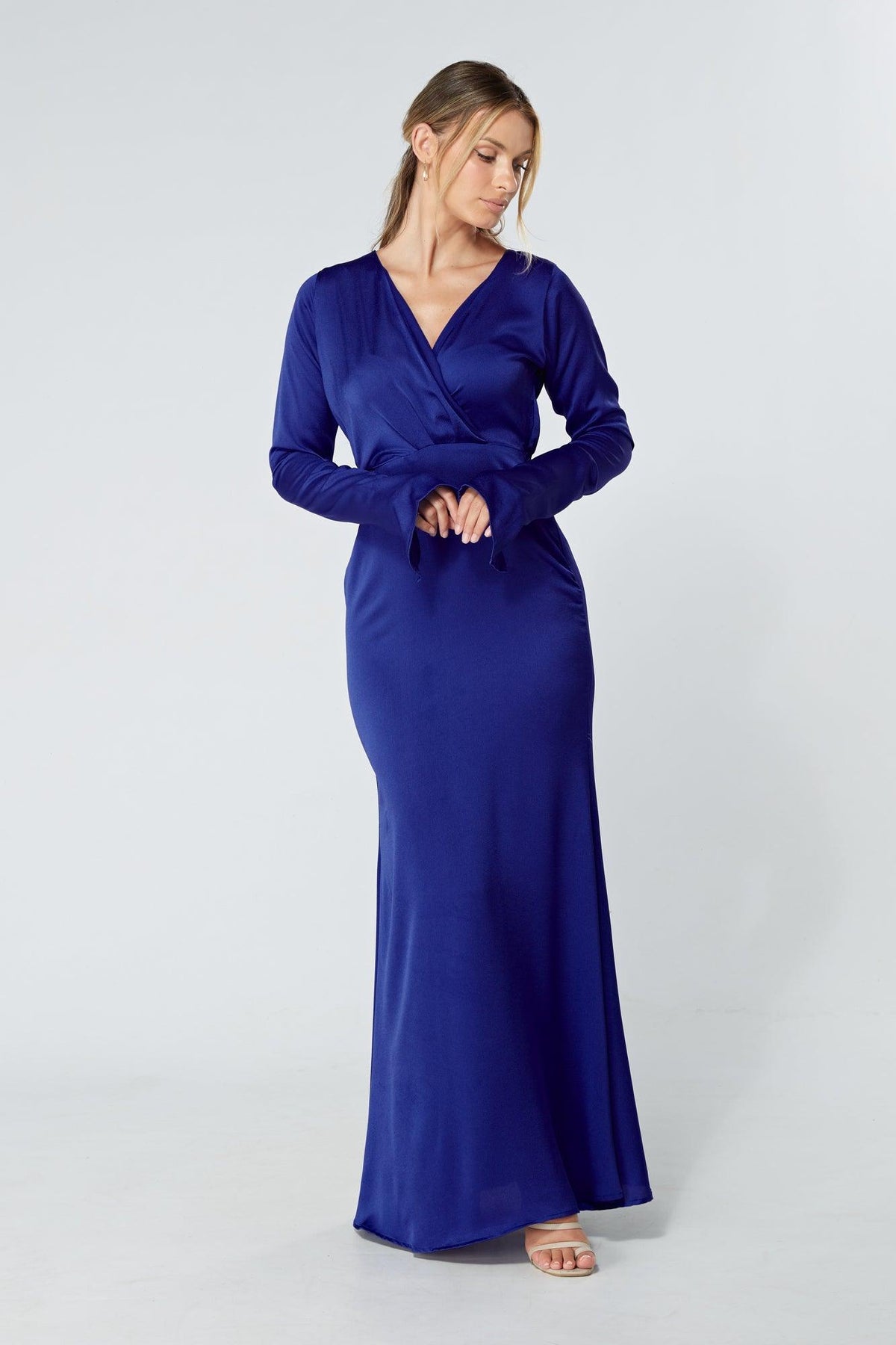 Alessandra Cobalt Blue Satin-Feel Crepe Maxi Dress - TAHLIRA