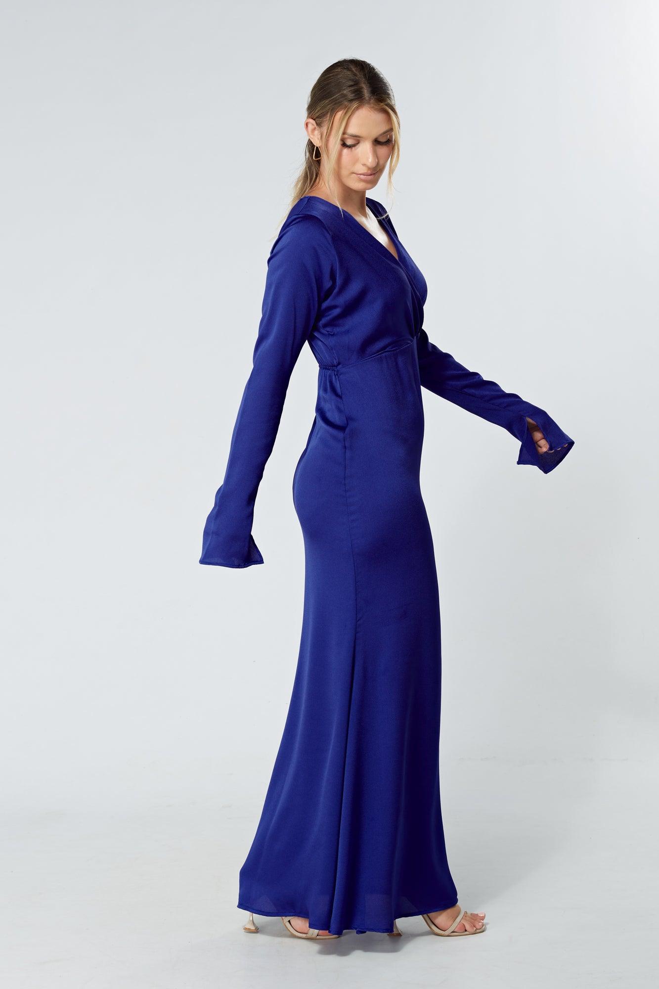 Alessandra Cobalt Blue Satin-Feel Crepe Maxi Dress - TAHLIRA