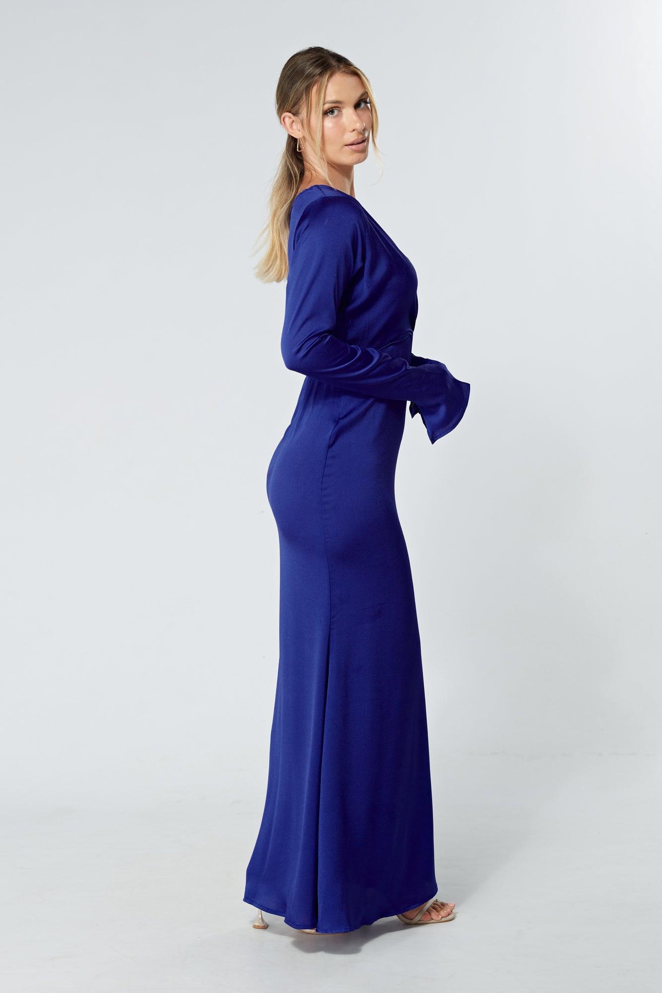 Alessandra Cobalt Blue Satin-Feel Crepe Maxi Dress - TAHLIRA