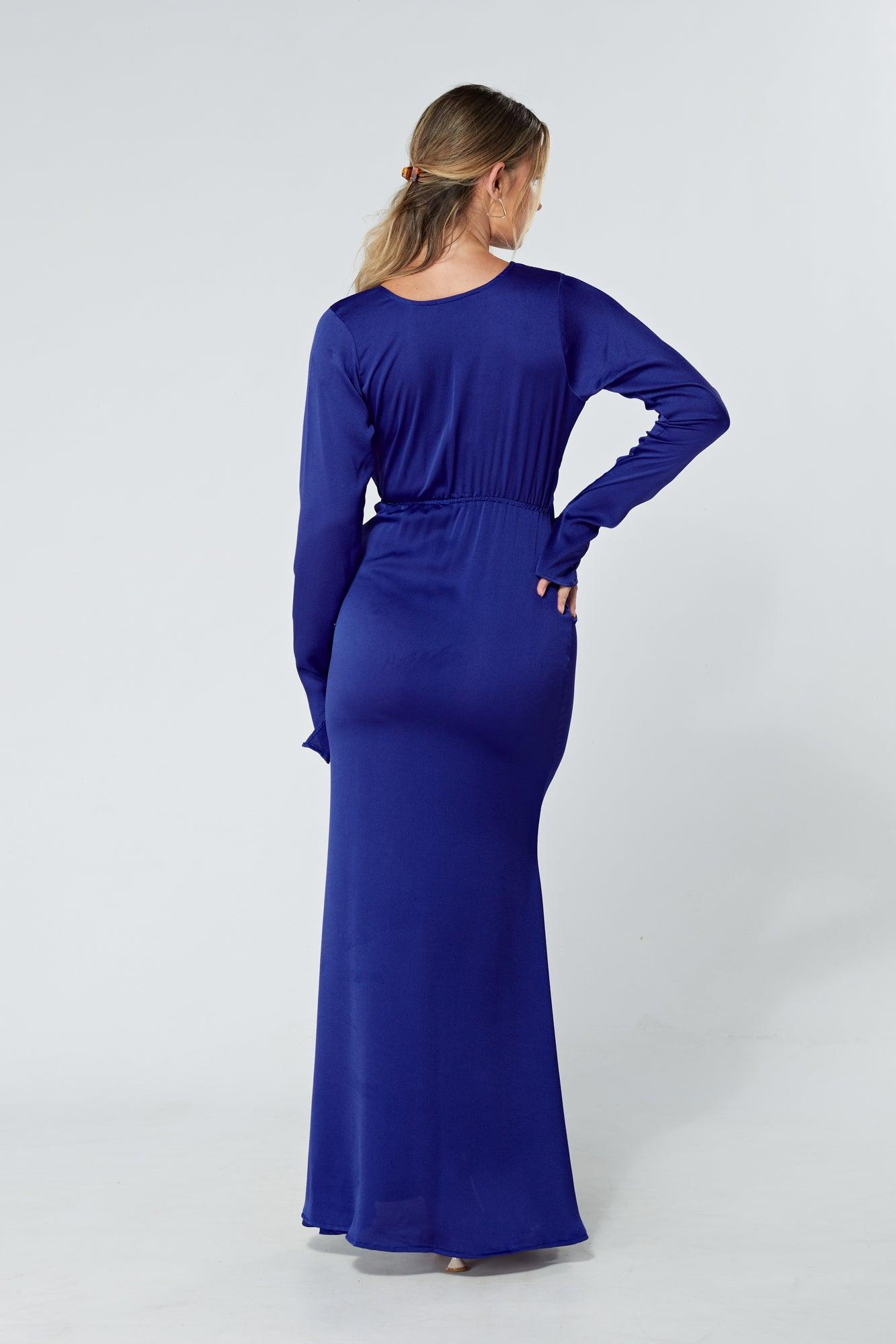 Alessandra Cobalt Blue Satin-Feel Crepe Maxi Dress - TAHLIRA