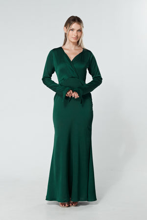 Alessandra Dark Green Satin-Feel Crepe Maxi Dress