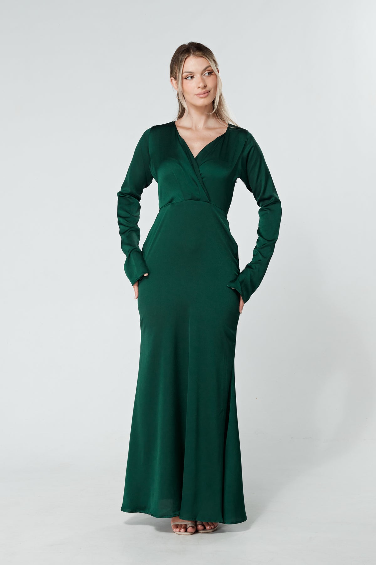 Alessandra Dark Green Satin-Feel Crepe Maxi Dress