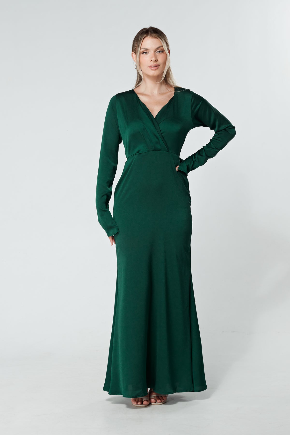 Alessandra Dark Green Satin-Feel Crepe Maxi Dress
