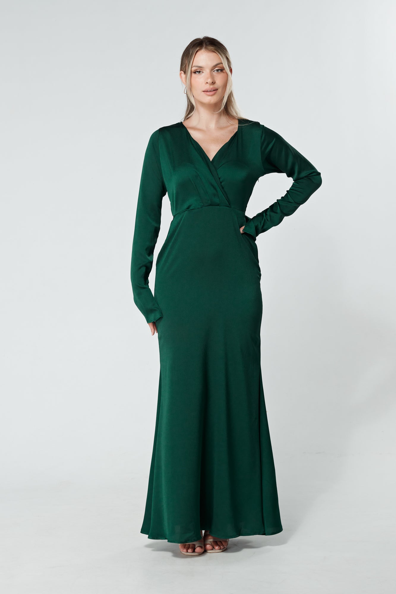Alessandra Dark Green Satin-Feel Crepe Maxi Dress