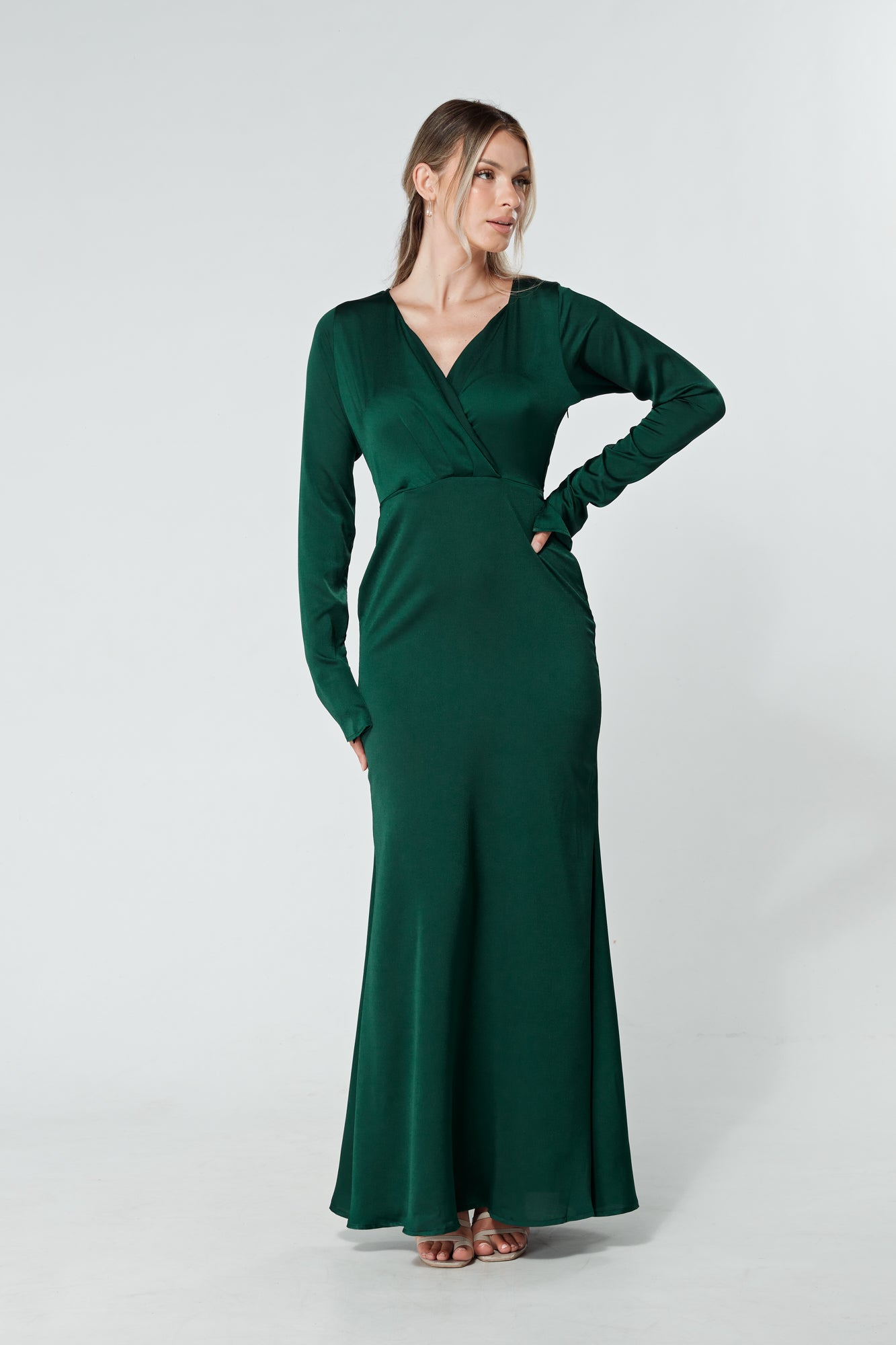 Alessandra Dark Green Satin-Feel Crepe Maxi Dress