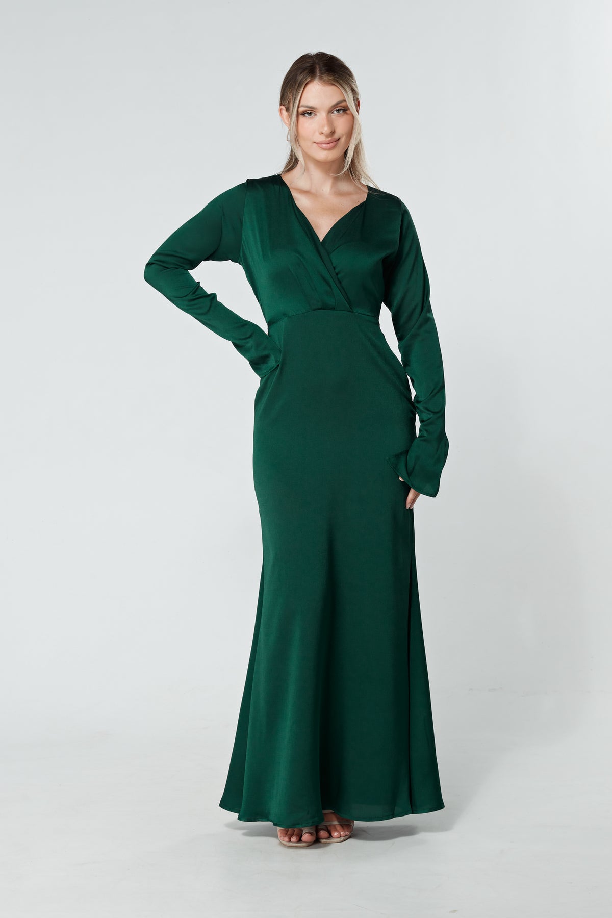 Alessandra Dark Green Satin-Feel Crepe Maxi Dress