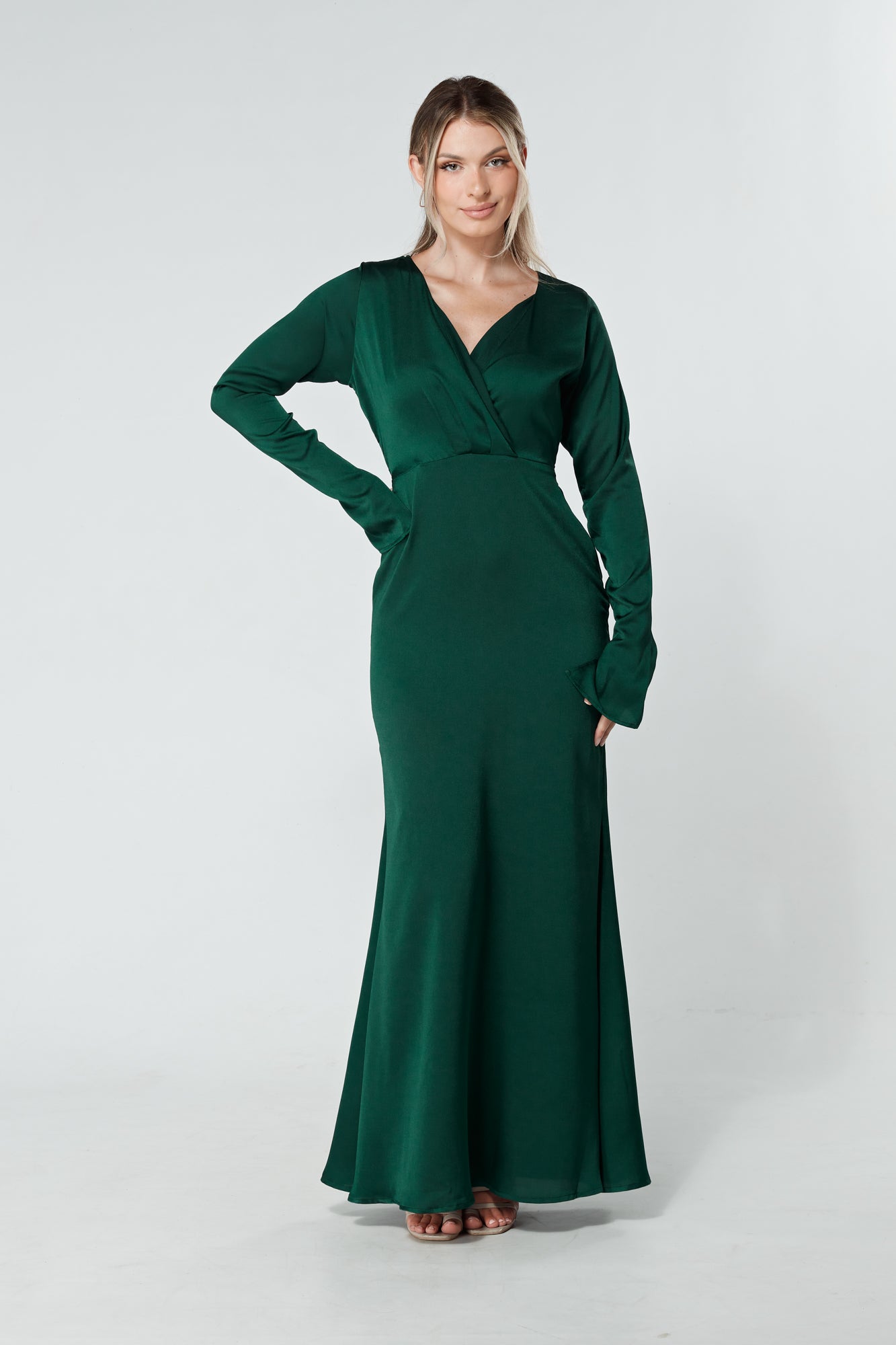 Alessandra Dark Green Satin-Feel Crepe Maxi Dress