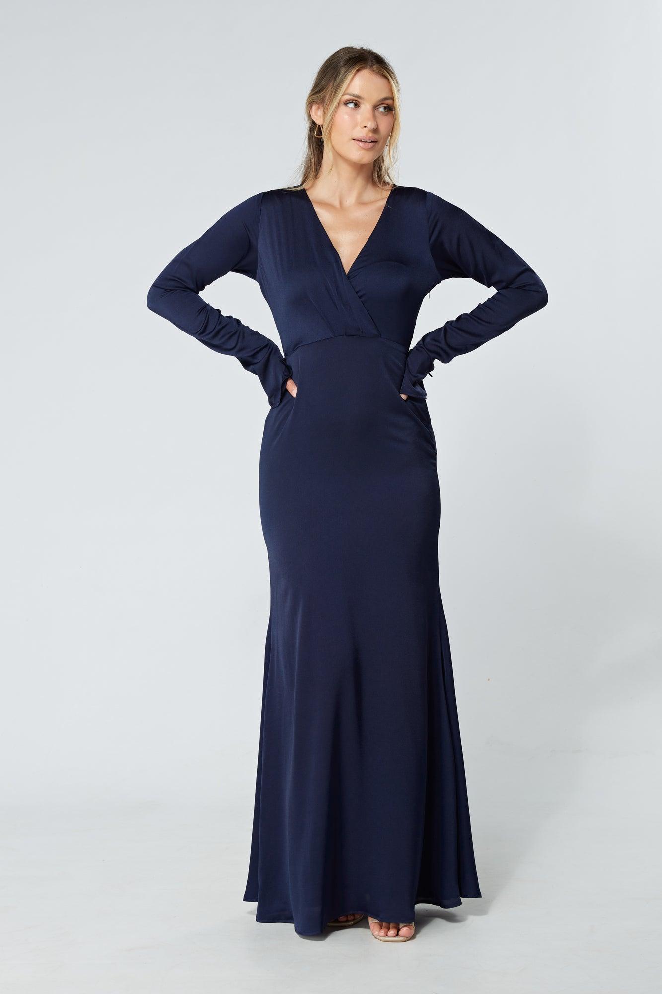 Alessandra Navy Satin-Feel Crepe Maxi Dress - TAHLIRA