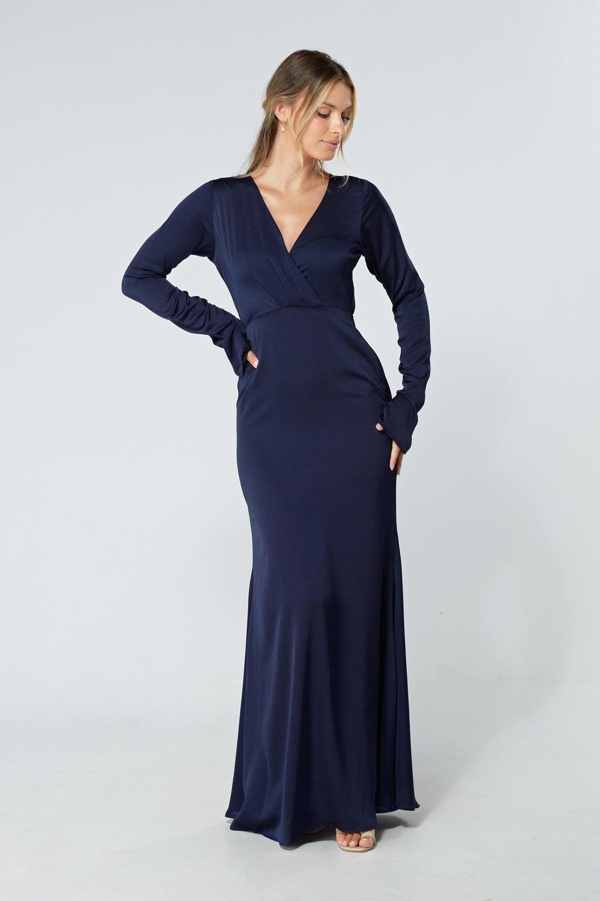 Alessandra Navy Satin-Feel Crepe Maxi Dress - TAHLIRA