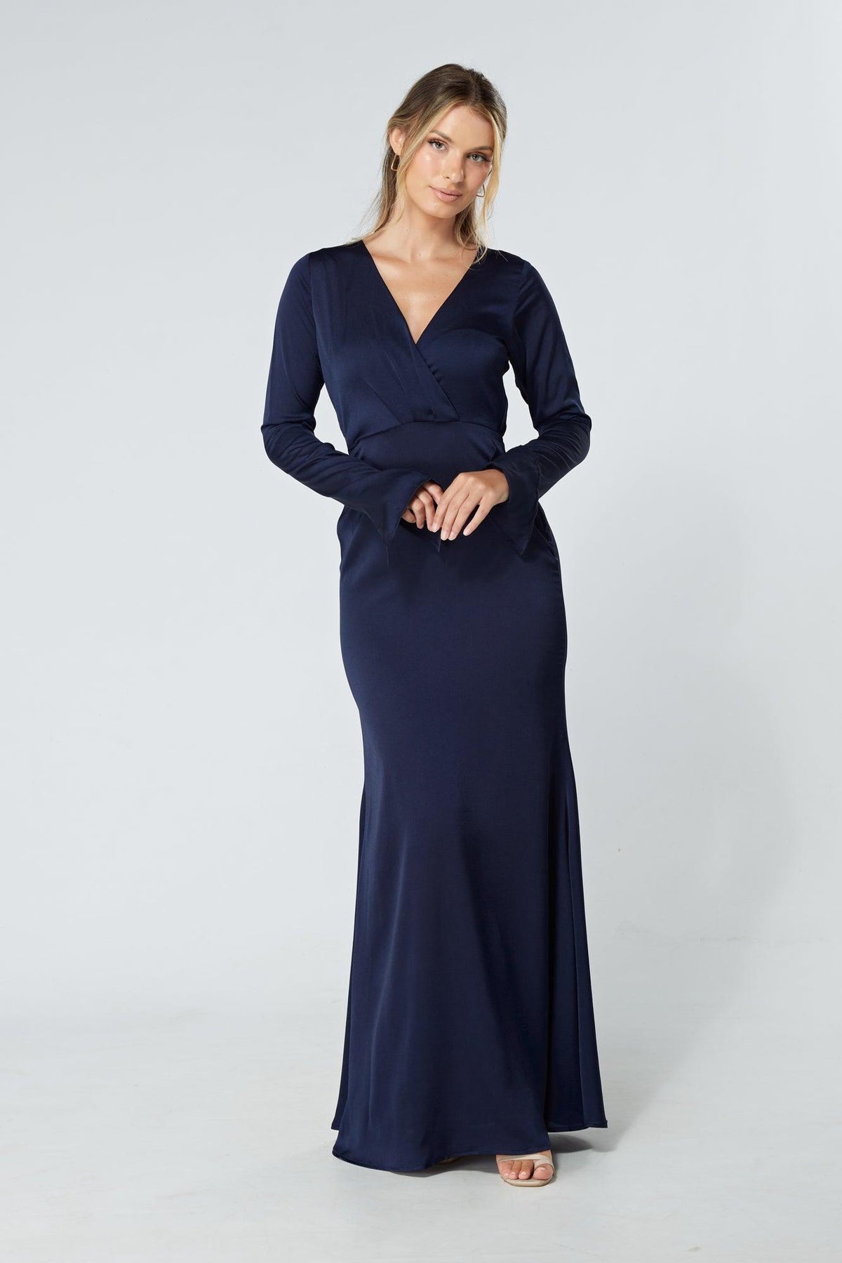 Alessandra Navy Satin-Feel Crepe Maxi Dress - TAHLIRA