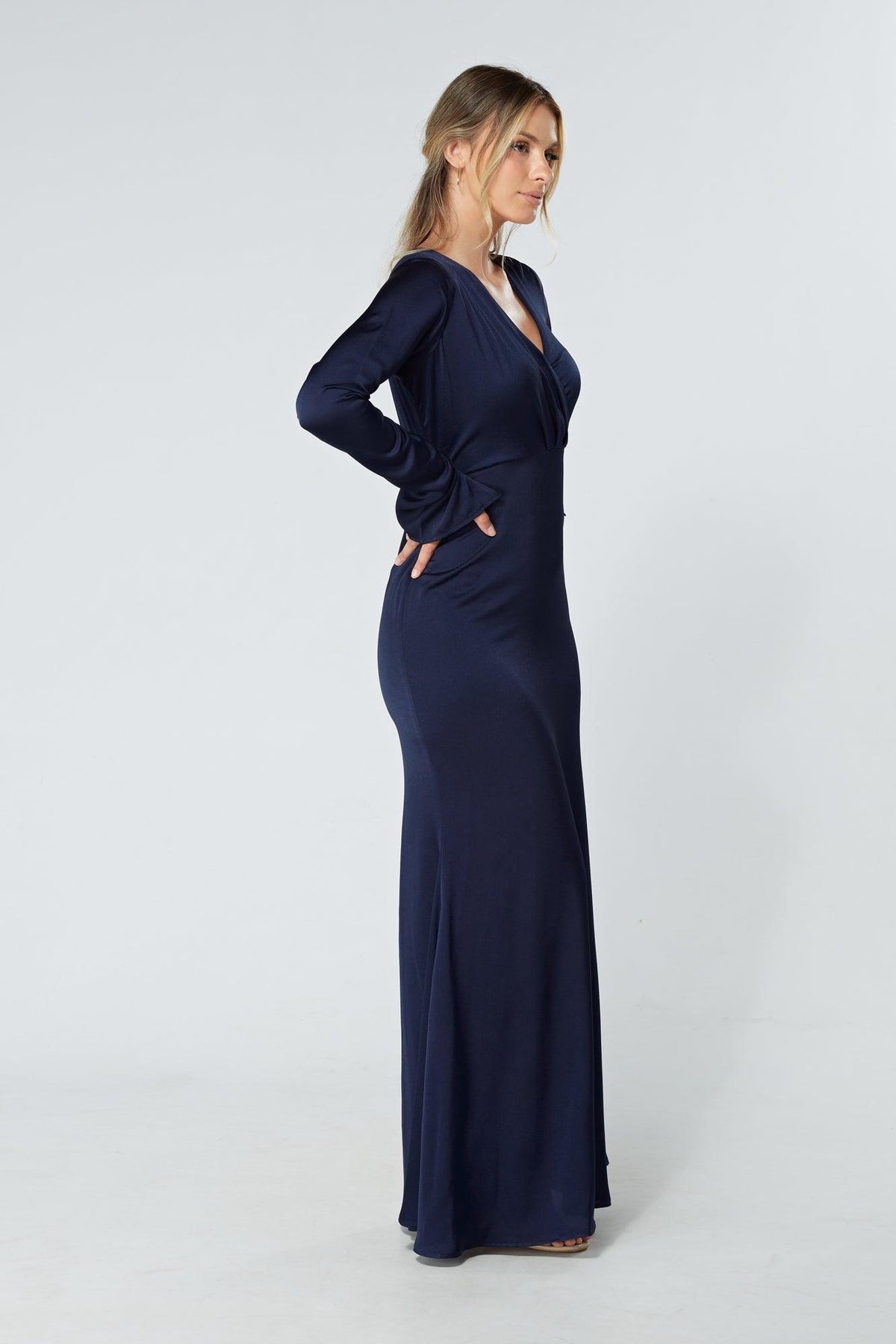 Alessandra Navy Satin-Feel Crepe Maxi Dress - TAHLIRA