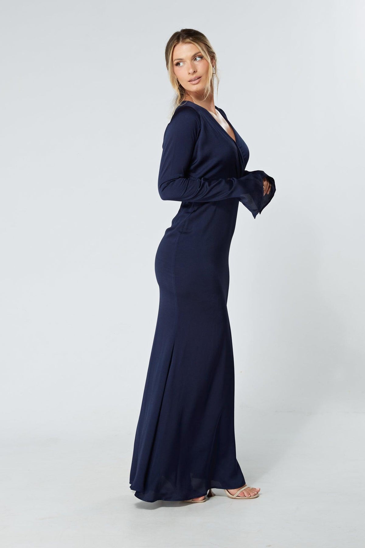 Alessandra Navy Satin-Feel Crepe Maxi Dress - TAHLIRA