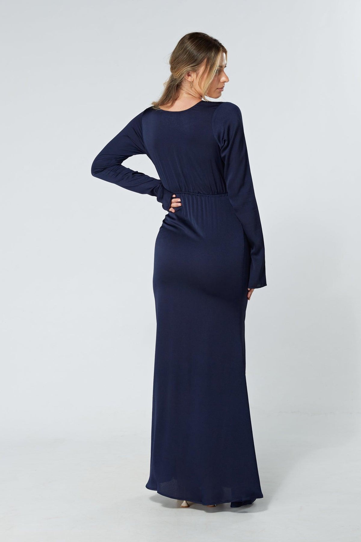 Alessandra Navy Satin-Feel Crepe Maxi Dress - TAHLIRA