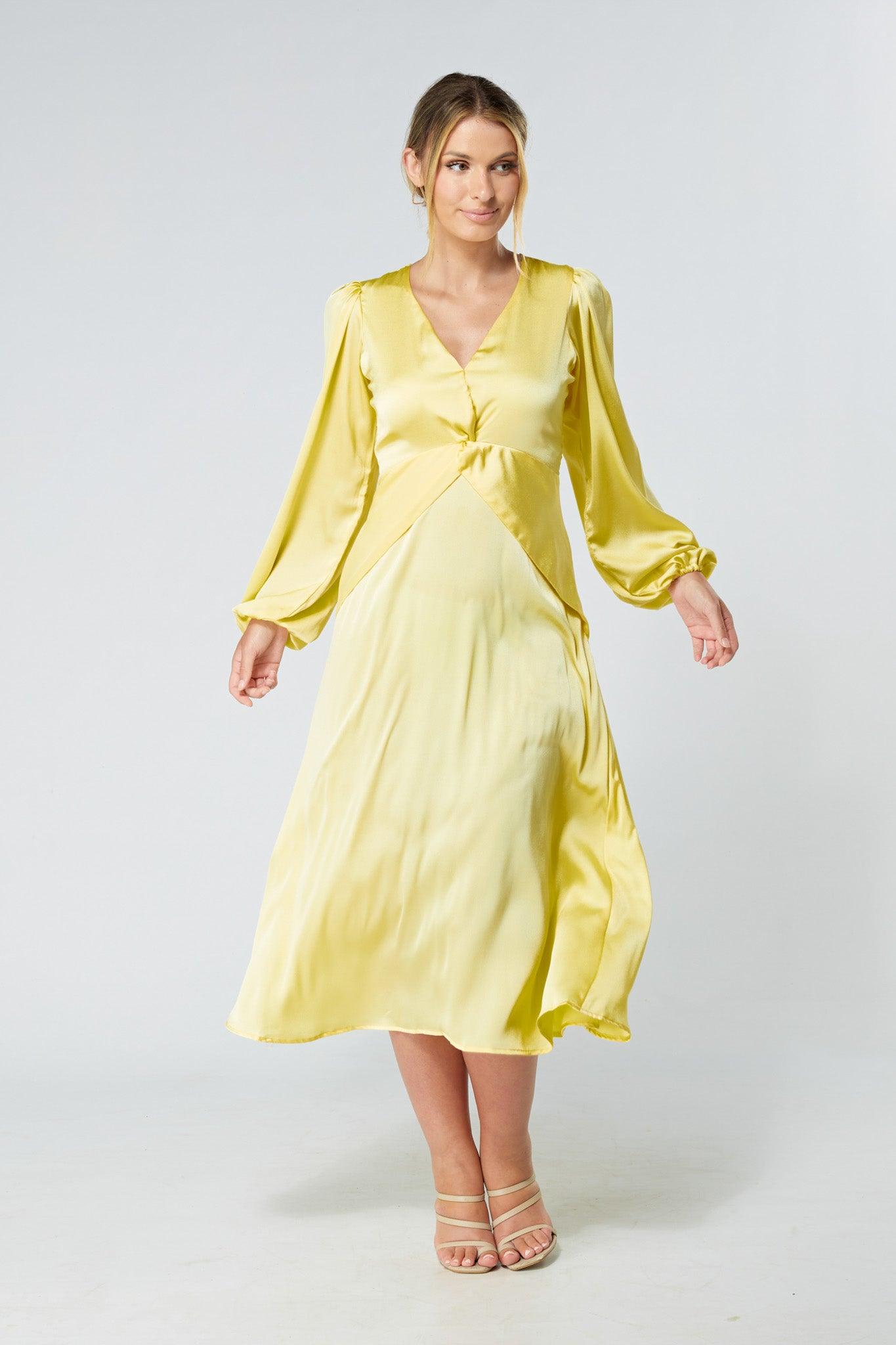 Calissa Yellow Satin-feel Folded Body Midaxi Dress - TAHLIRA