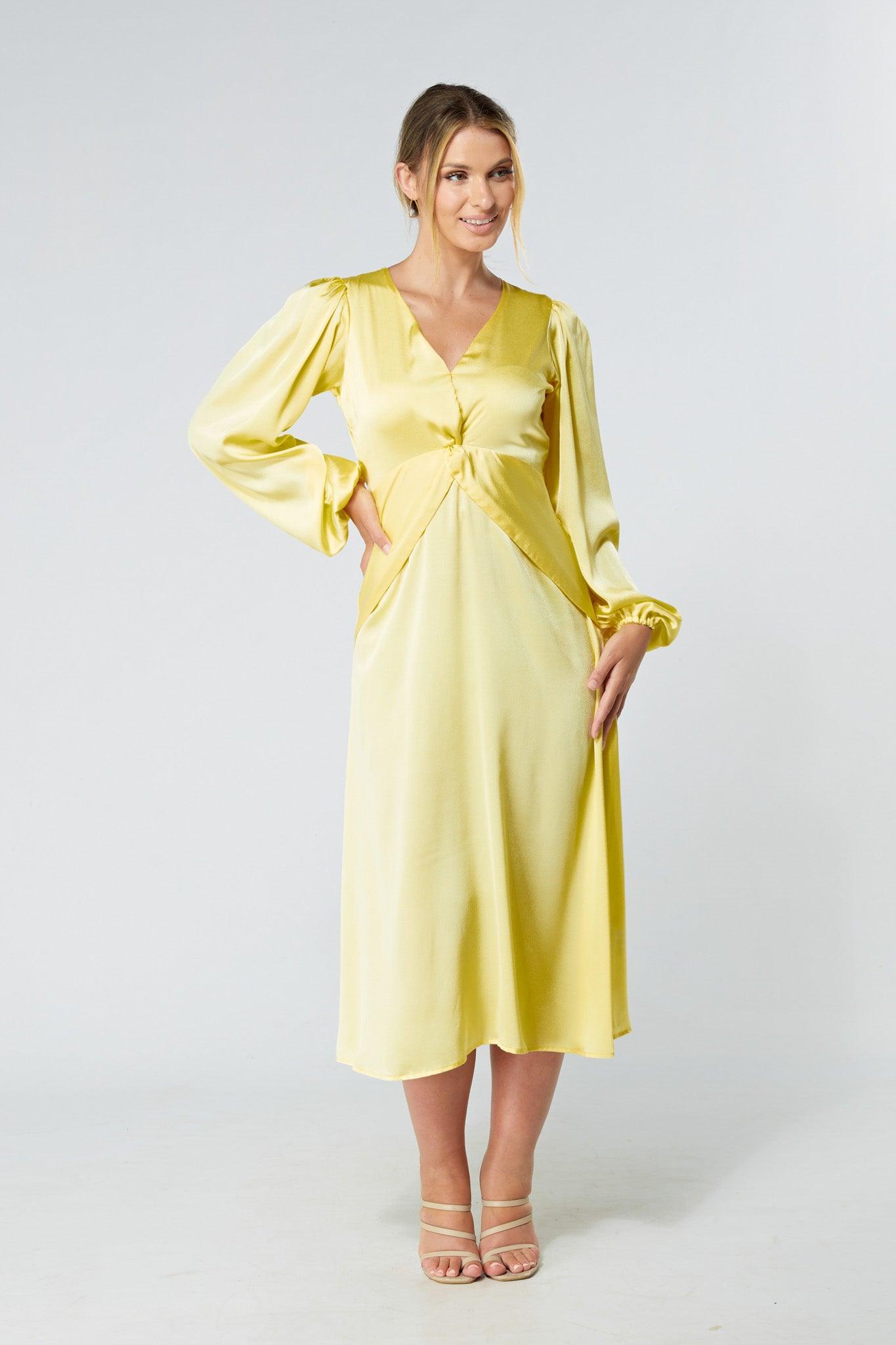 Calissa Yellow Satin-feel Folded Body Midaxi Dress - TAHLIRA