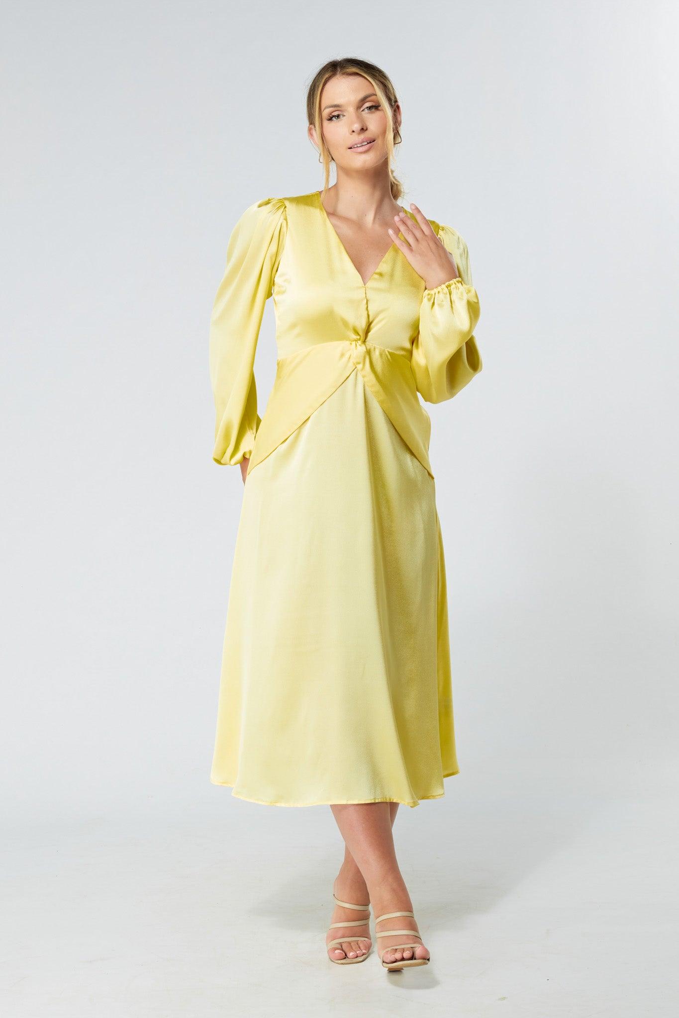 Calissa Yellow Satin-feel Folded Body Midaxi Dress - TAHLIRA