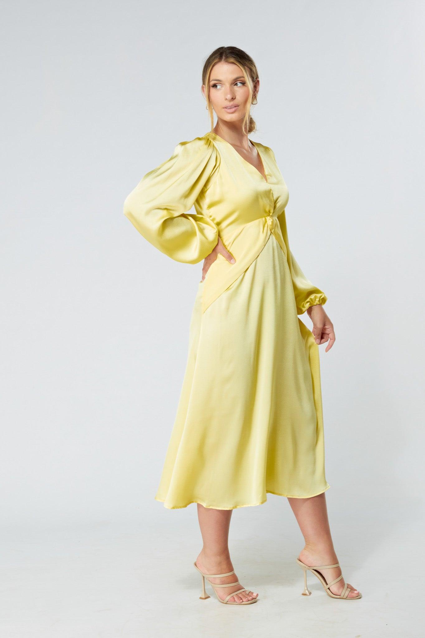 Calissa Yellow Satin-feel Folded Body Midaxi Dress - TAHLIRA