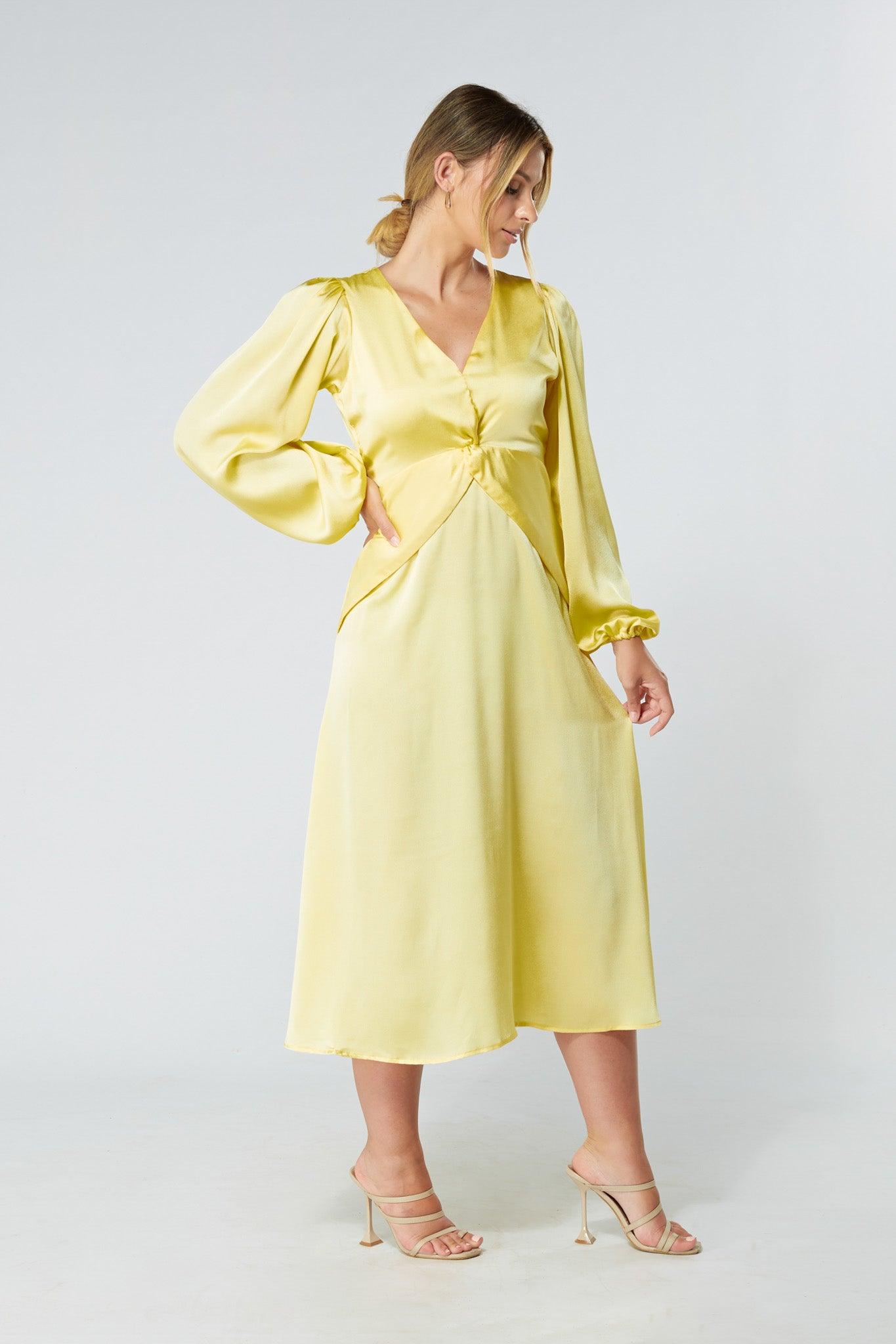 Calissa Yellow Satin-feel Folded Body Midaxi Dress - TAHLIRA