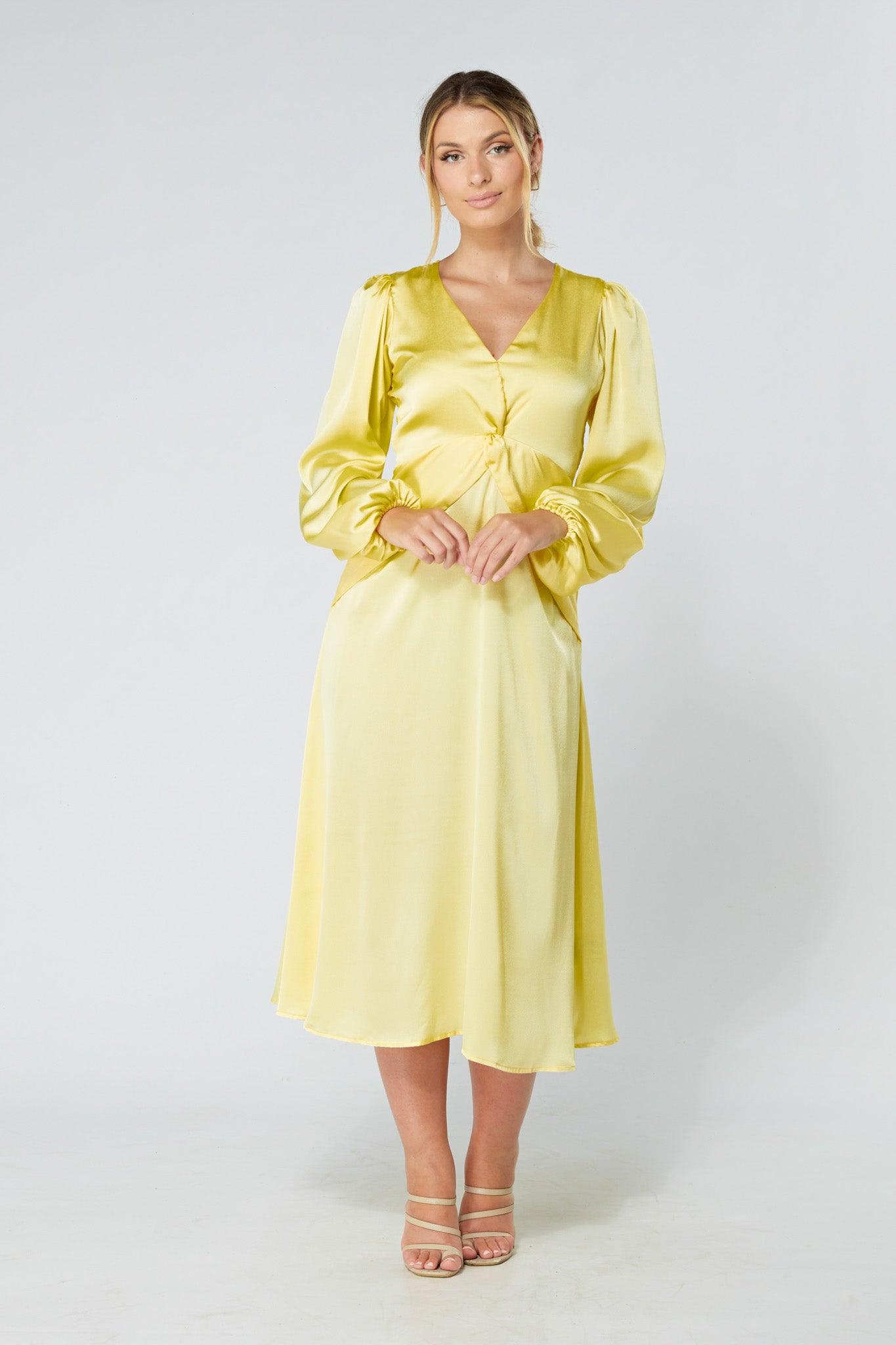 Calissa Yellow Satin-feel Folded Body Midaxi Dress - TAHLIRA