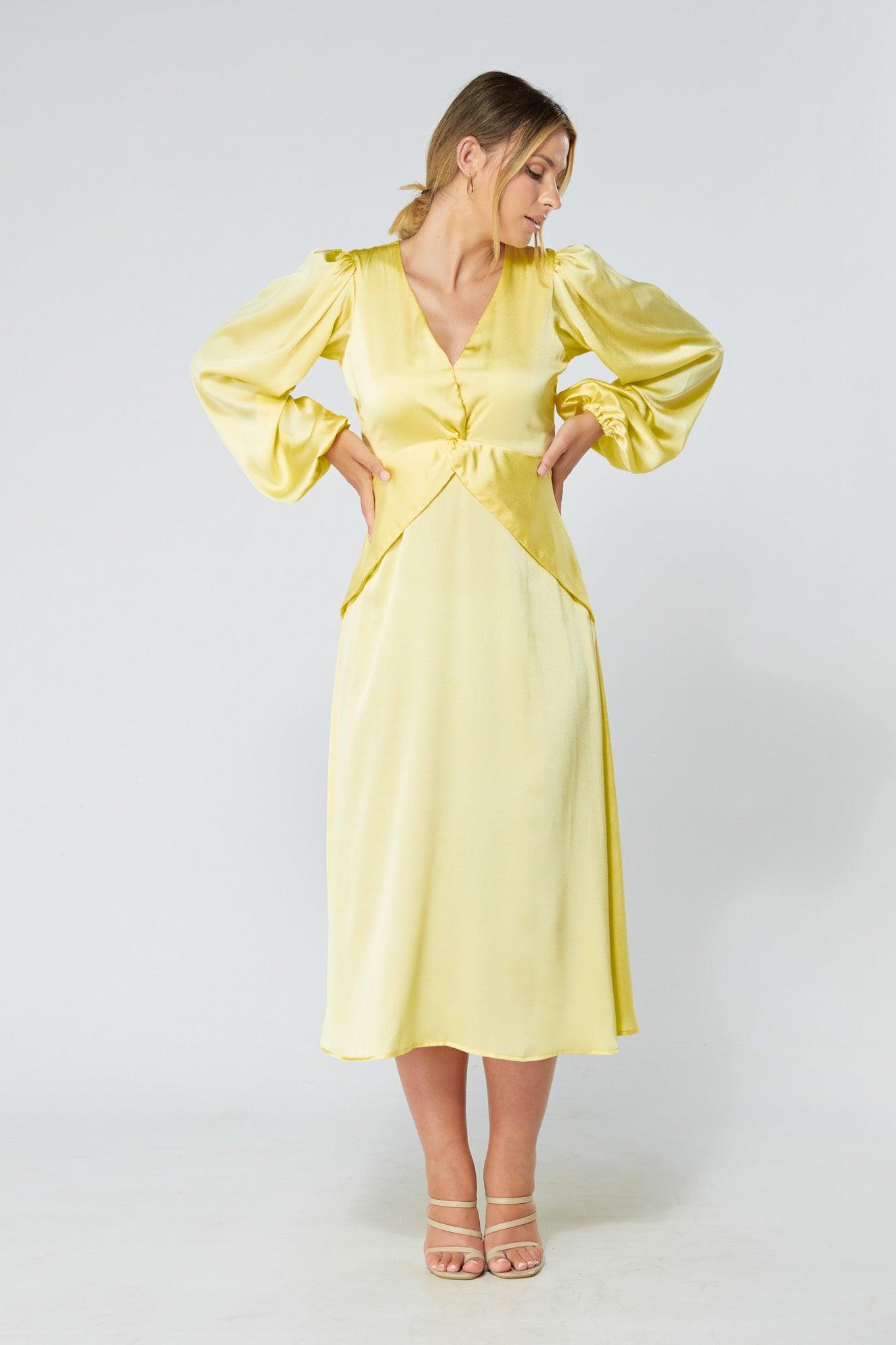 Calissa Yellow Satin-feel Folded Body Midaxi Dress - TAHLIRA