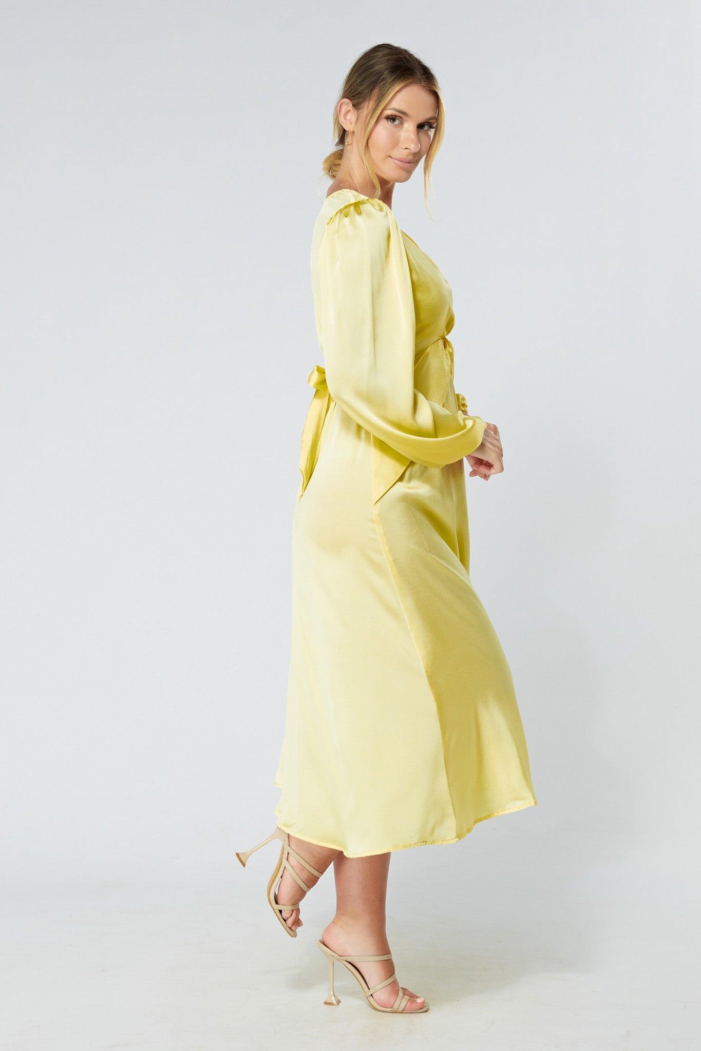 Calissa Yellow Satin-feel Folded Body Midaxi Dress - TAHLIRA