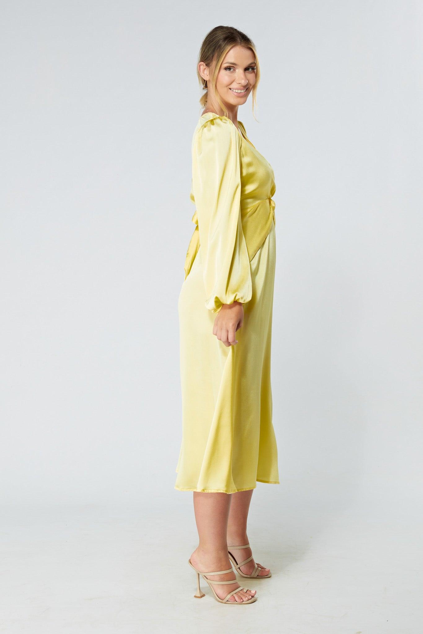 Calissa Yellow Satin-feel Folded Body Midaxi Dress - TAHLIRA