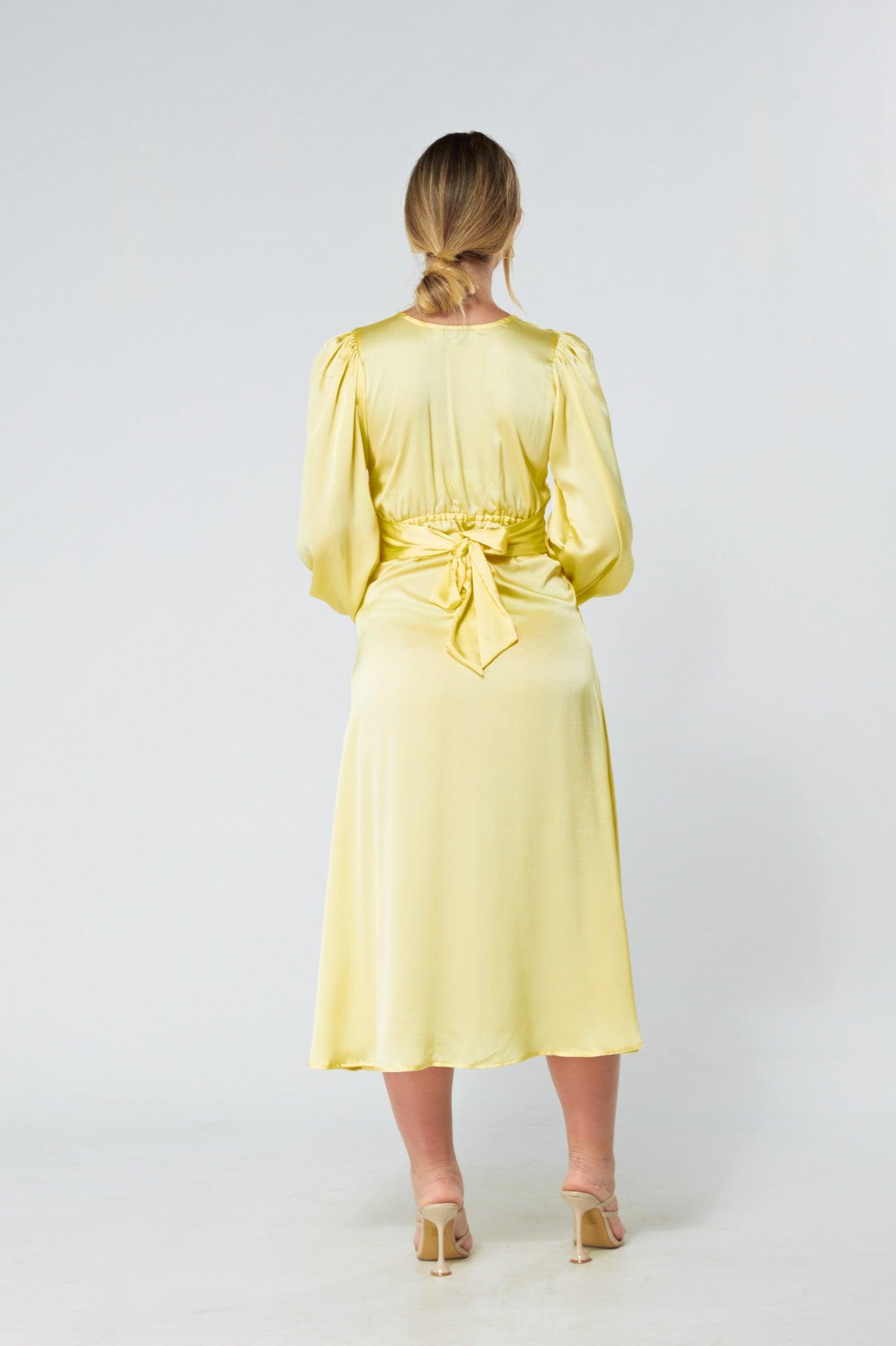 Calissa Yellow Satin-feel Folded Body Midaxi Dress - TAHLIRA