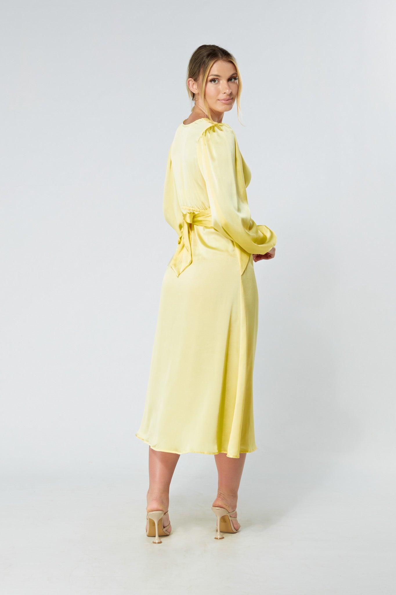 Calissa Yellow Satin-feel Folded Body Midaxi Dress - TAHLIRA