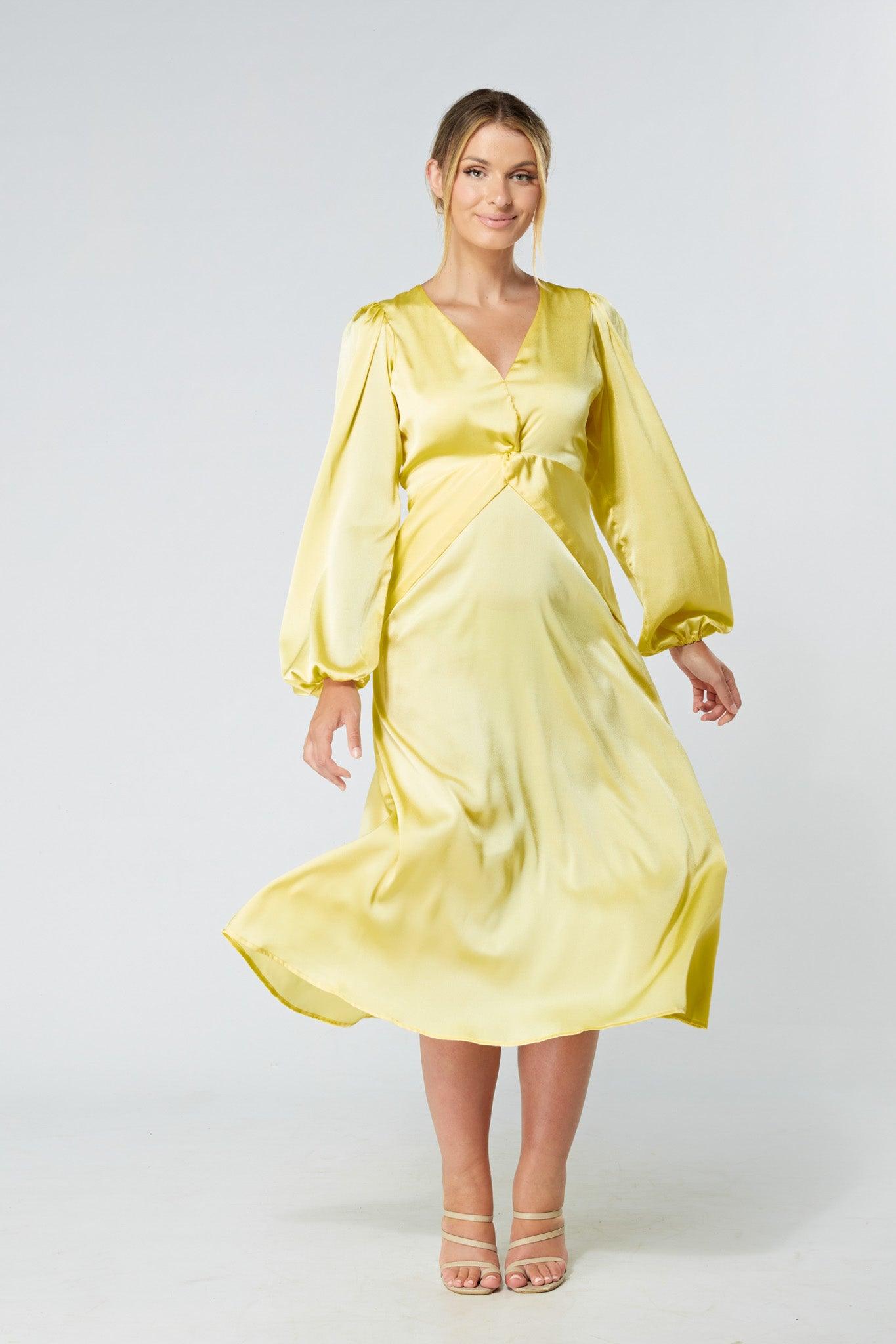 Calissa Yellow Satin-feel Folded Body Midaxi Dress - TAHLIRA