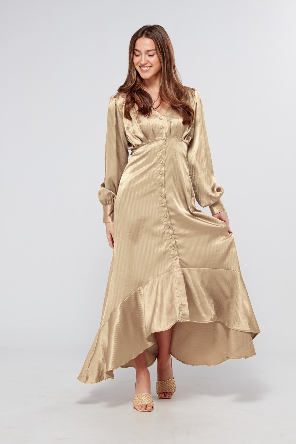Charlize Light Gold Buttoned Front Maxi Dress