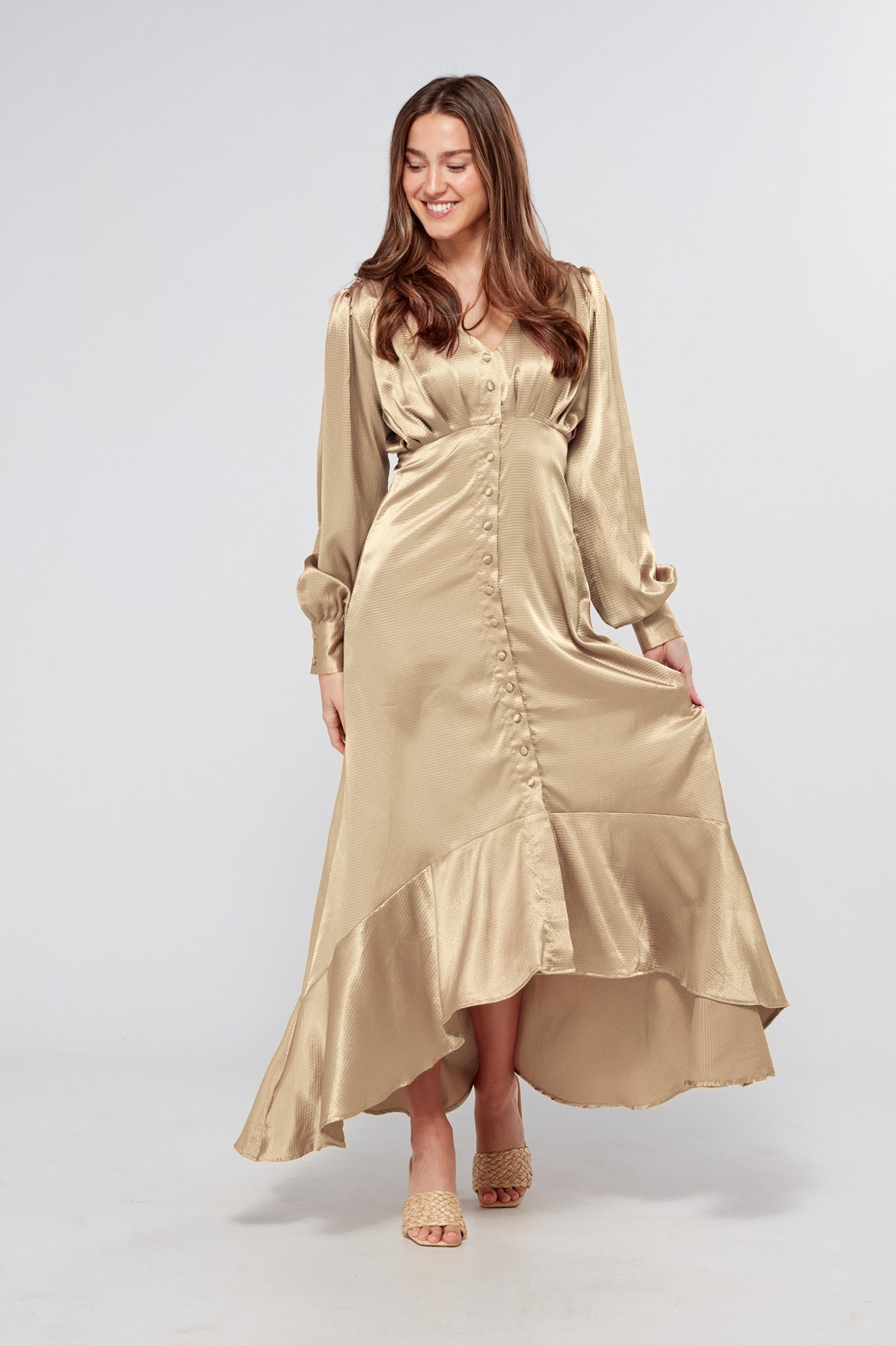 Charlize Light Gold Buttoned Front Maxi Dress