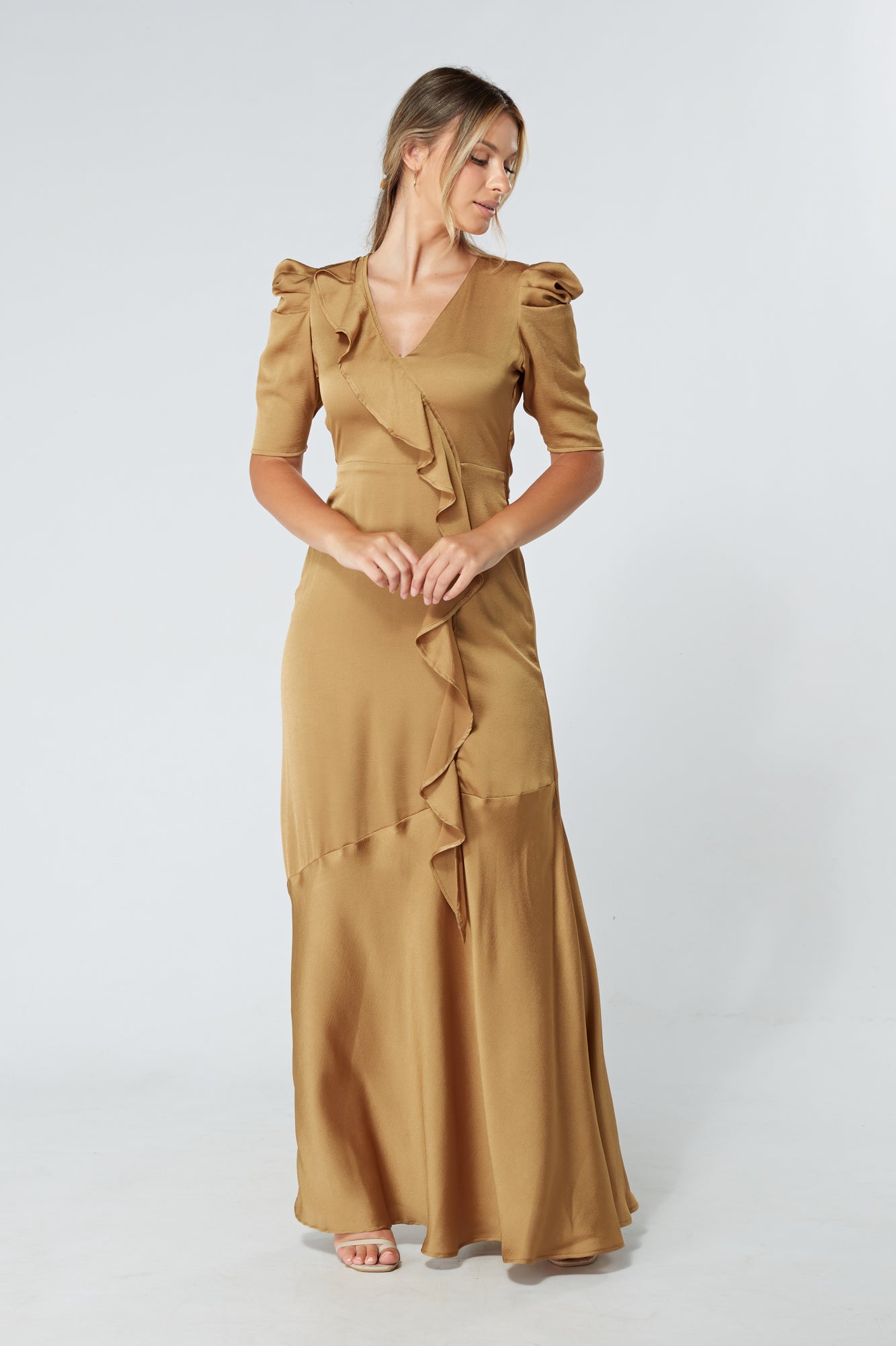 Daisy Dark Gold Satin-Feel Crepe Maxi Dress With Ruched Sleeves