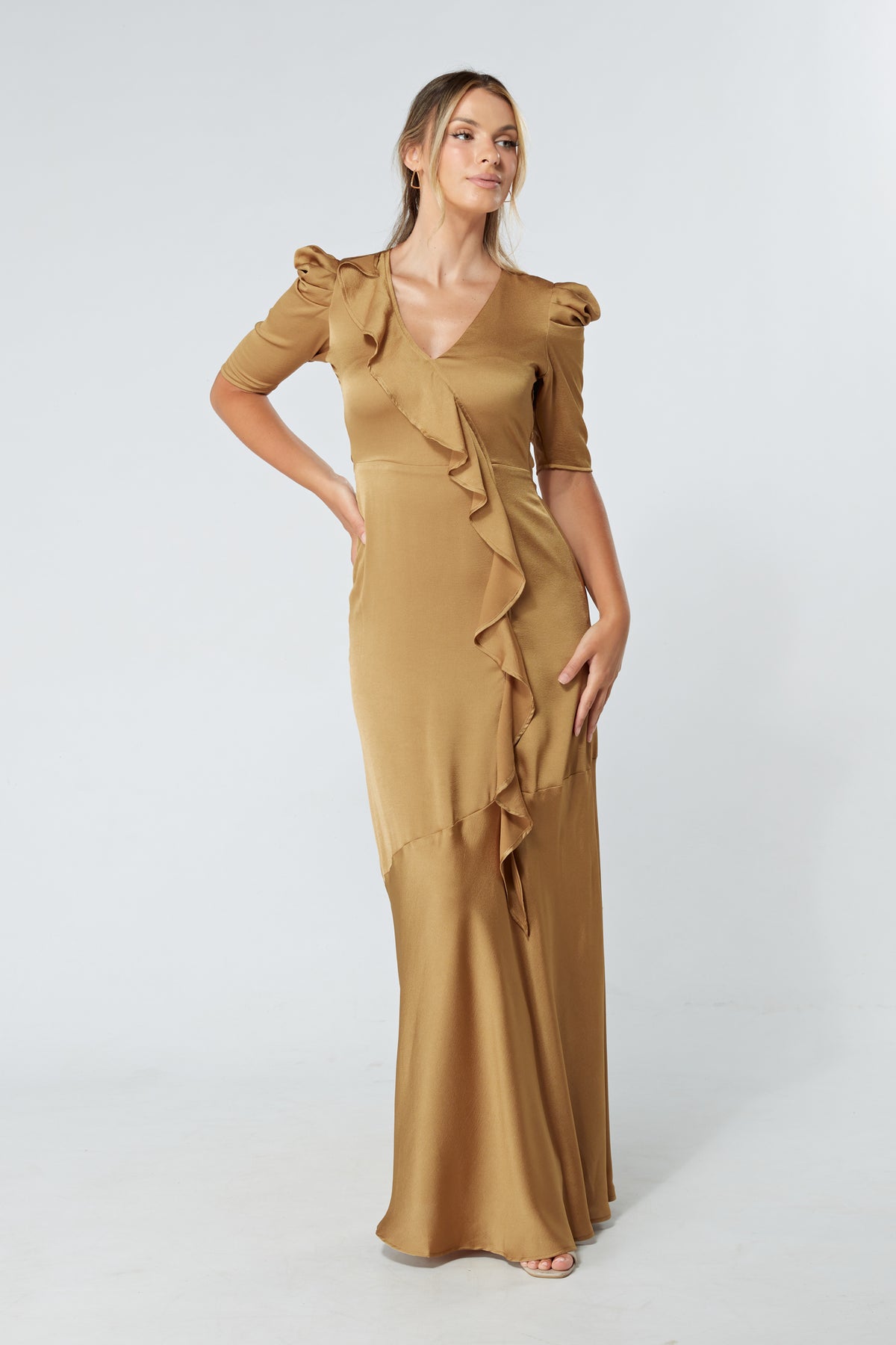 Daisy Dark Gold Satin-Feel Crepe Maxi Dress With Ruched Sleeves