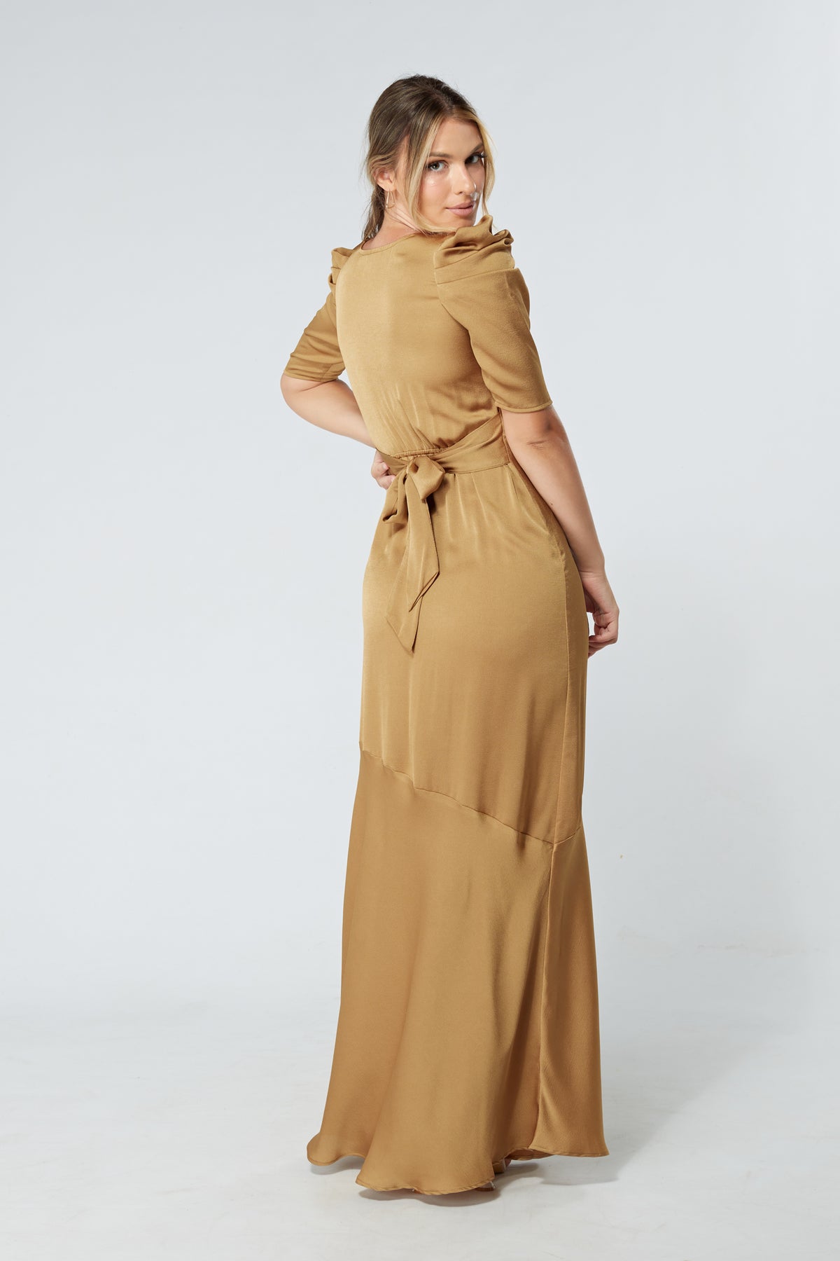 Daisy Dark Gold Satin-Feel Crepe Maxi Dress With Ruched Sleeves