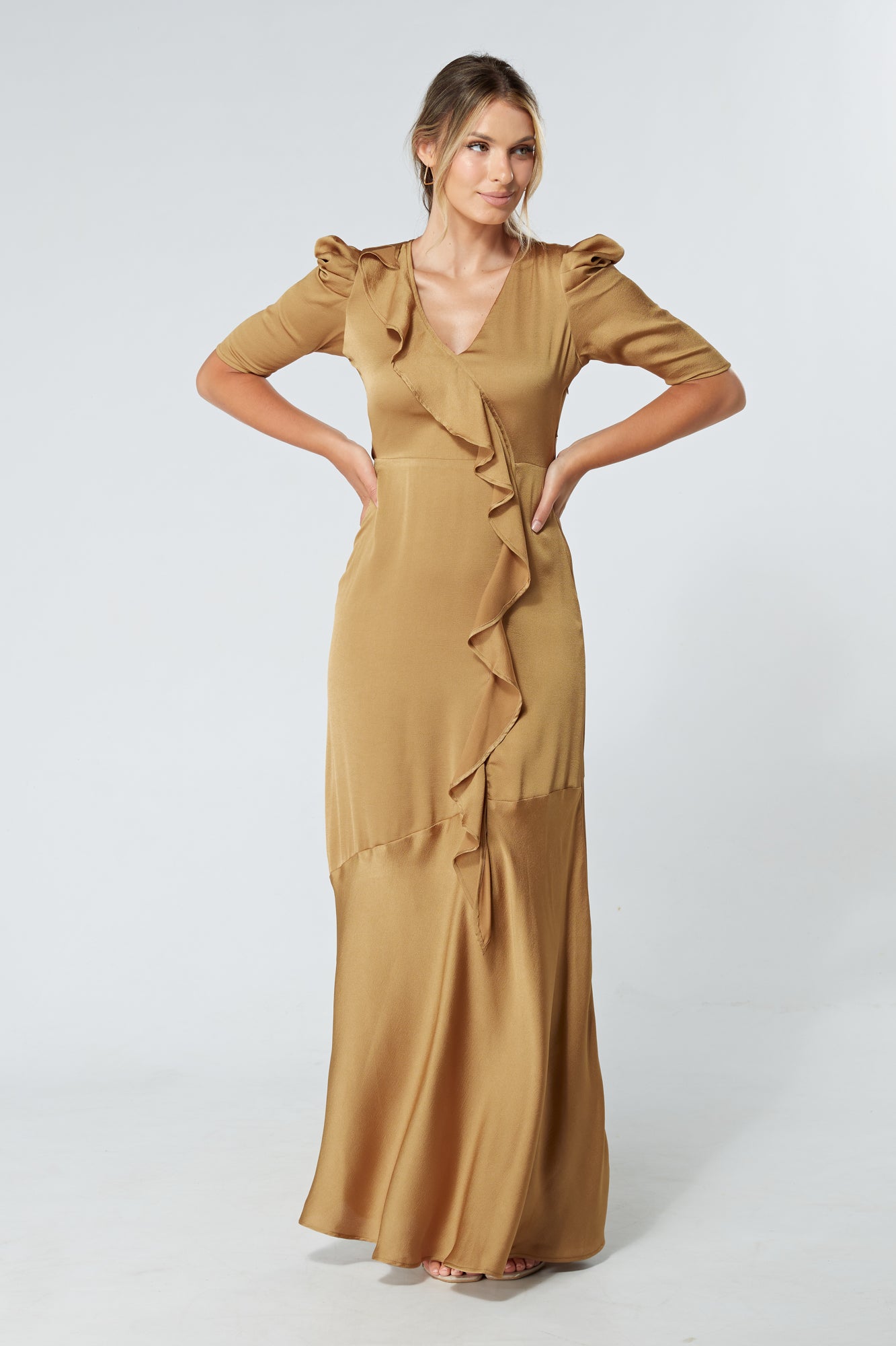 Daisy Dark Gold Satin-Feel Crepe Maxi Dress With Ruched Sleeves