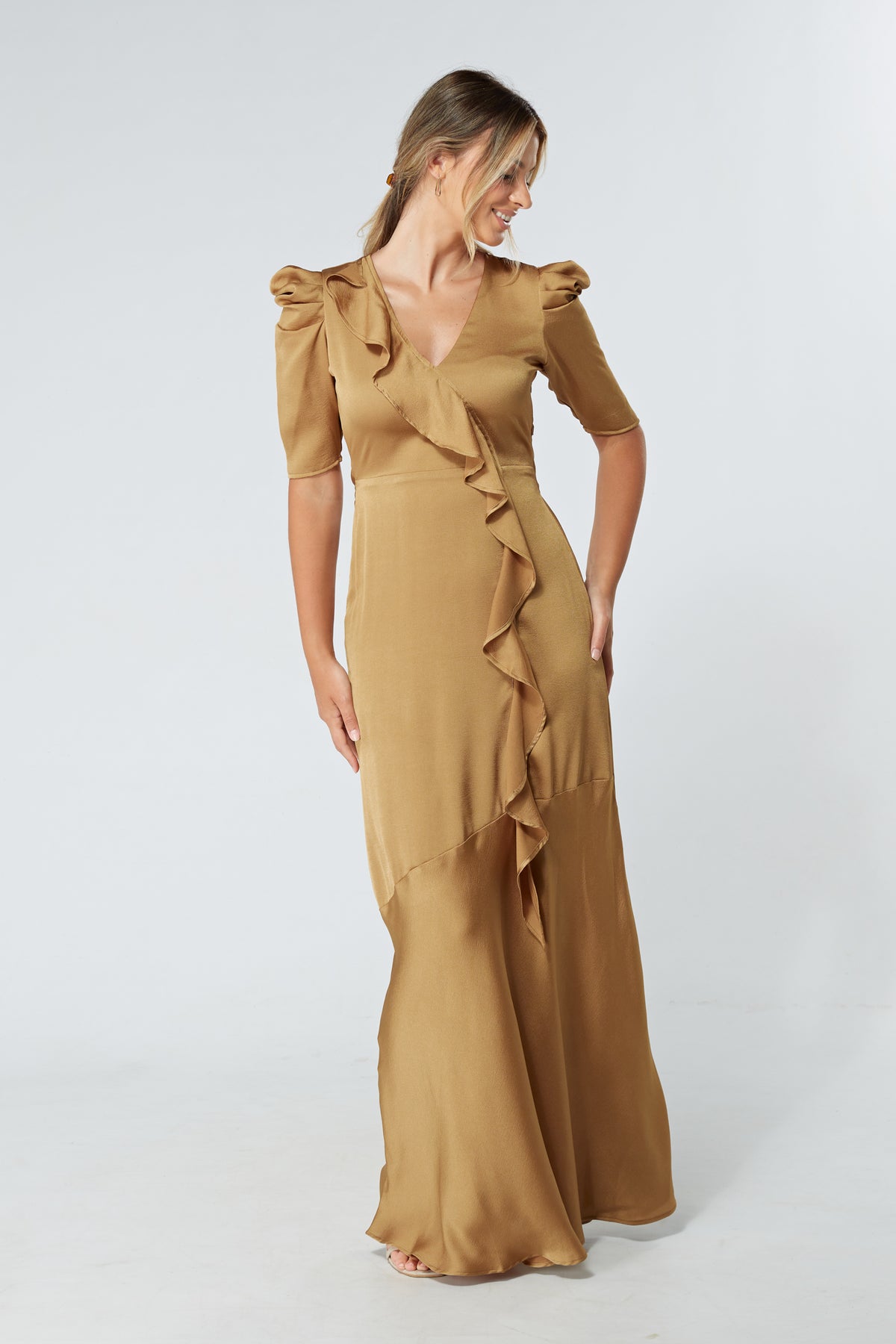 Daisy Dark Gold Satin-Feel Crepe Maxi Dress With Ruched Sleeves