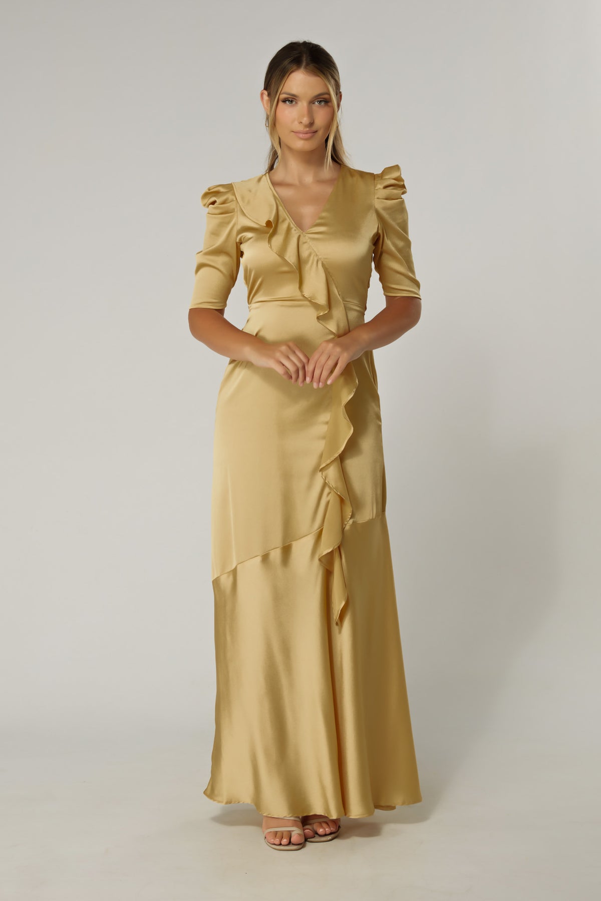 Daisy Light Gold Satin-Feel Crepe Maxi Dress With Ruched Sleeves