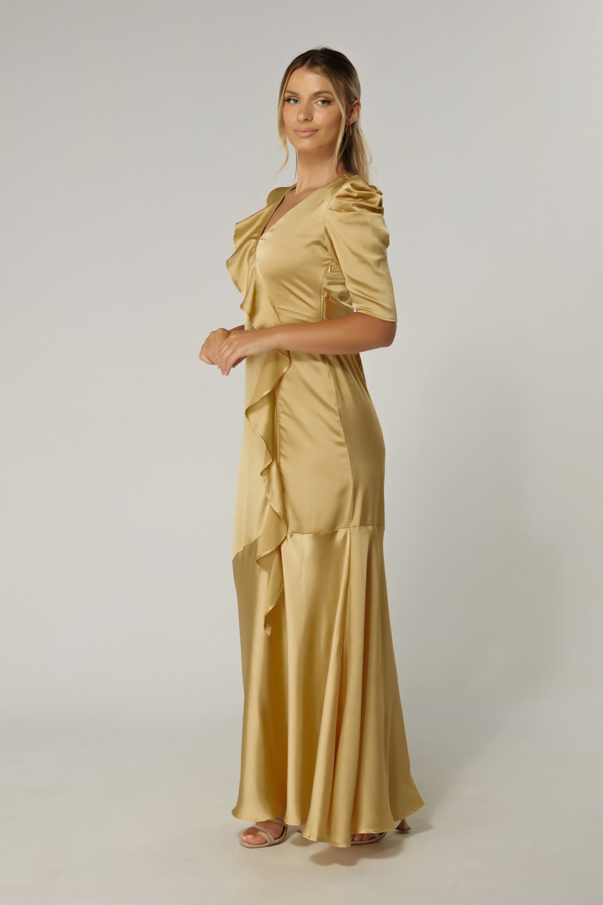 Daisy Light Gold Satin-Feel Crepe Maxi Dress With Ruched Sleeves