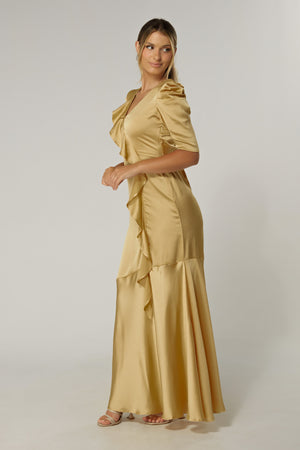 Daisy Light Gold Satin-Feel Crepe Maxi Dress With Ruched Sleeves