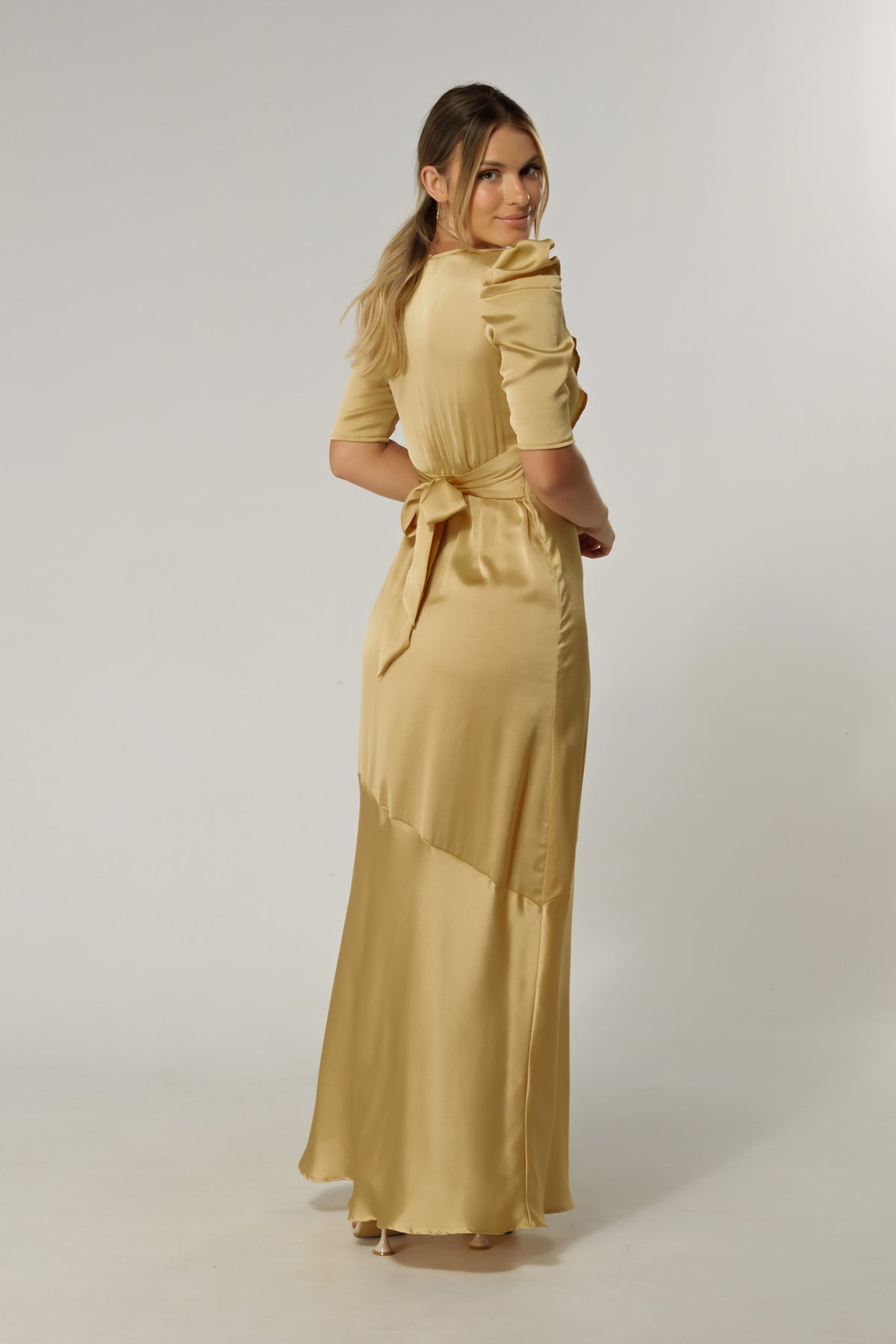 Daisy Light Gold Satin-Feel Crepe Maxi Dress With Ruched Sleeves