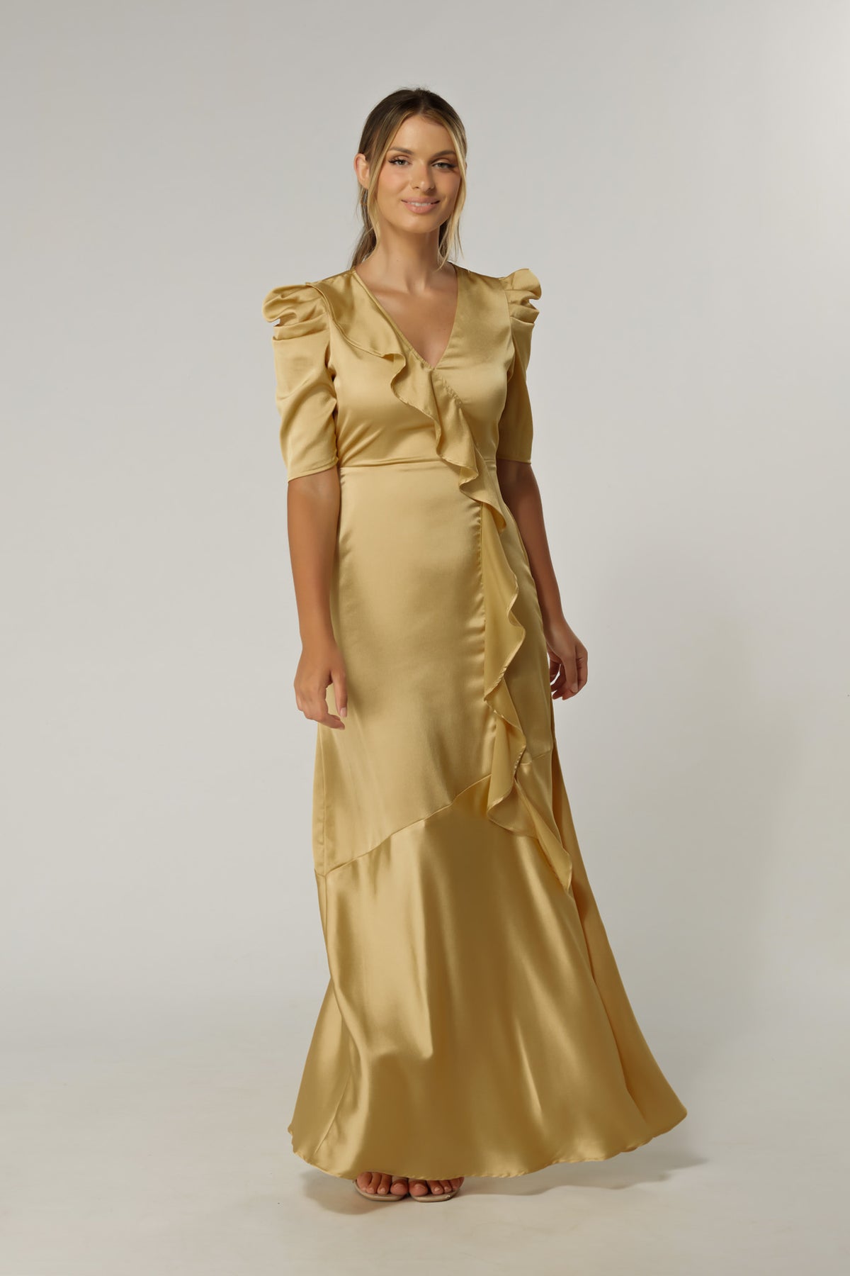Daisy Light Gold Satin-Feel Crepe Maxi Dress With Ruched Sleeves