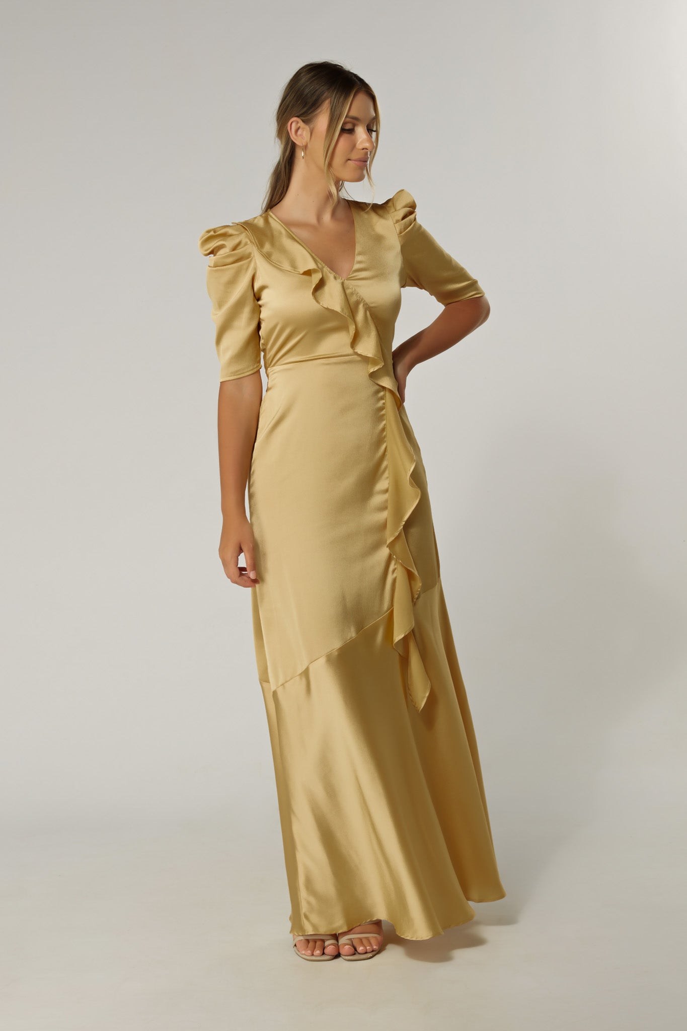 Daisy Light Gold Satin-Feel Crepe Maxi Dress With Ruched Sleeves