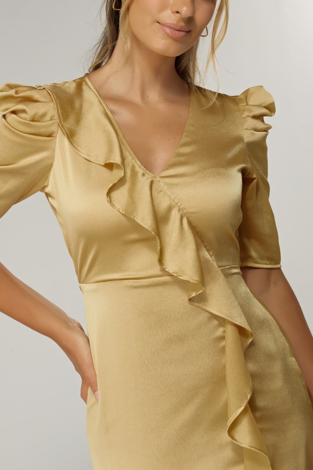 Daisy Light Gold Satin-Feel Crepe Maxi Dress With Ruched Sleeves