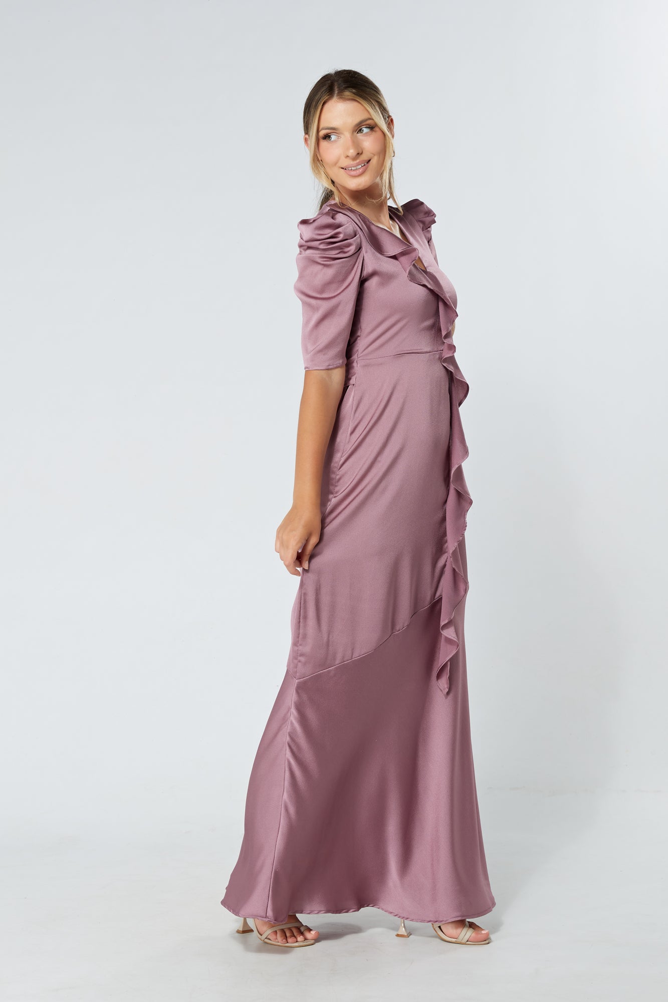 Daisy Lilac Satin Crepe Maxi Dress With Ruched Sleeves