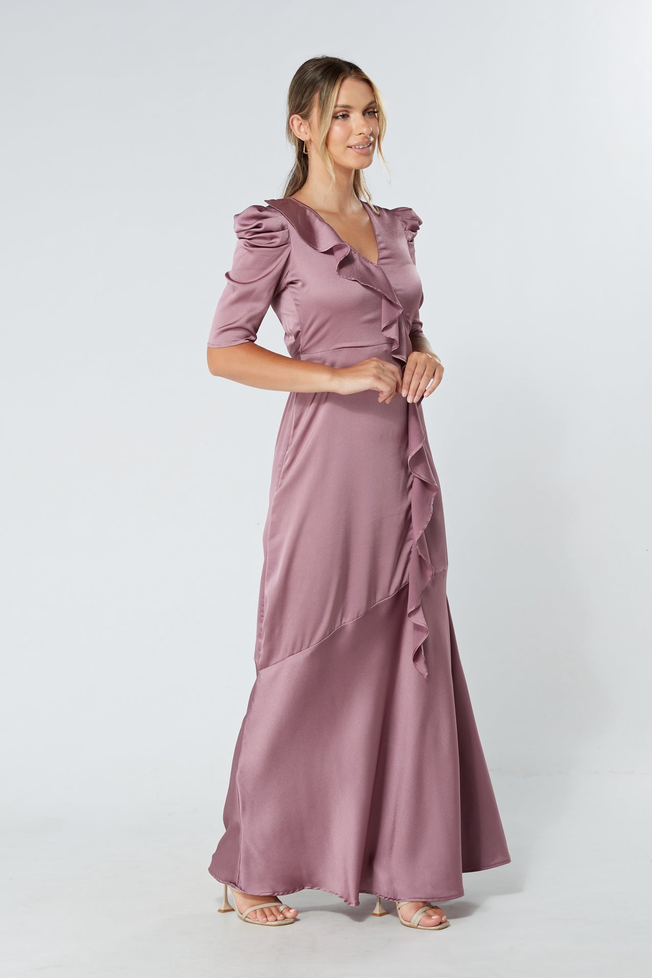 Daisy Lilac Satin Crepe Maxi Dress With Ruched Sleeves