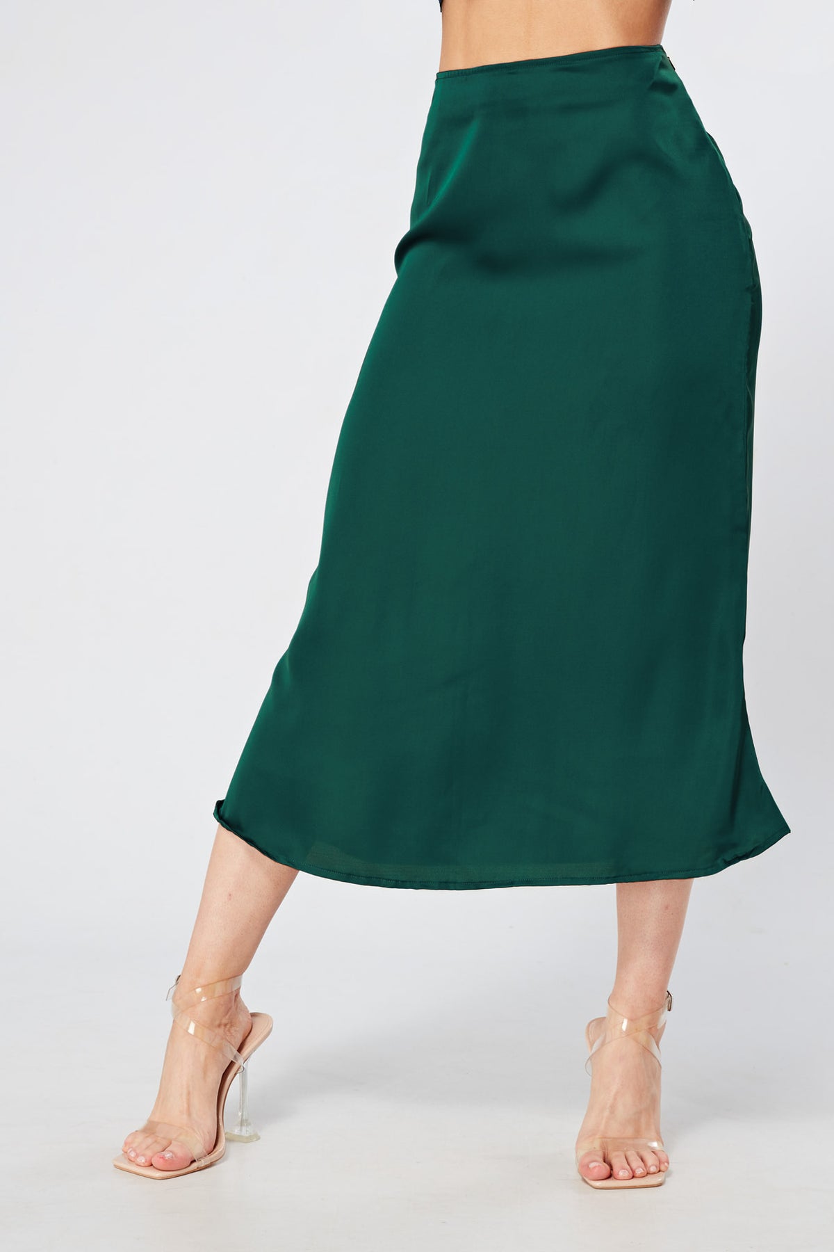 Elisa Deep Green Satin Flare Midi Skirt